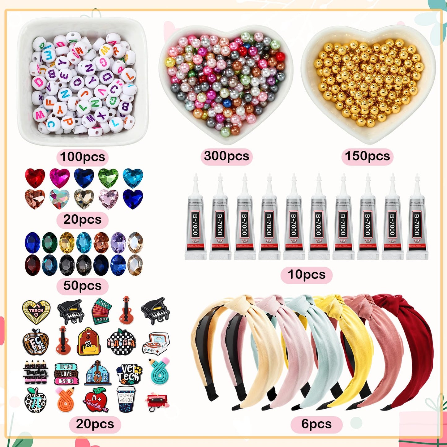 Wavyknot 636 Pieces DIY Headband Making Kit Gift Make Your Own Fashion Hair Accessories Set with Teacher Pencil School Alphabet Beads Rhinestone Diamond Pearl for Summer Classmate Graduation Supplies