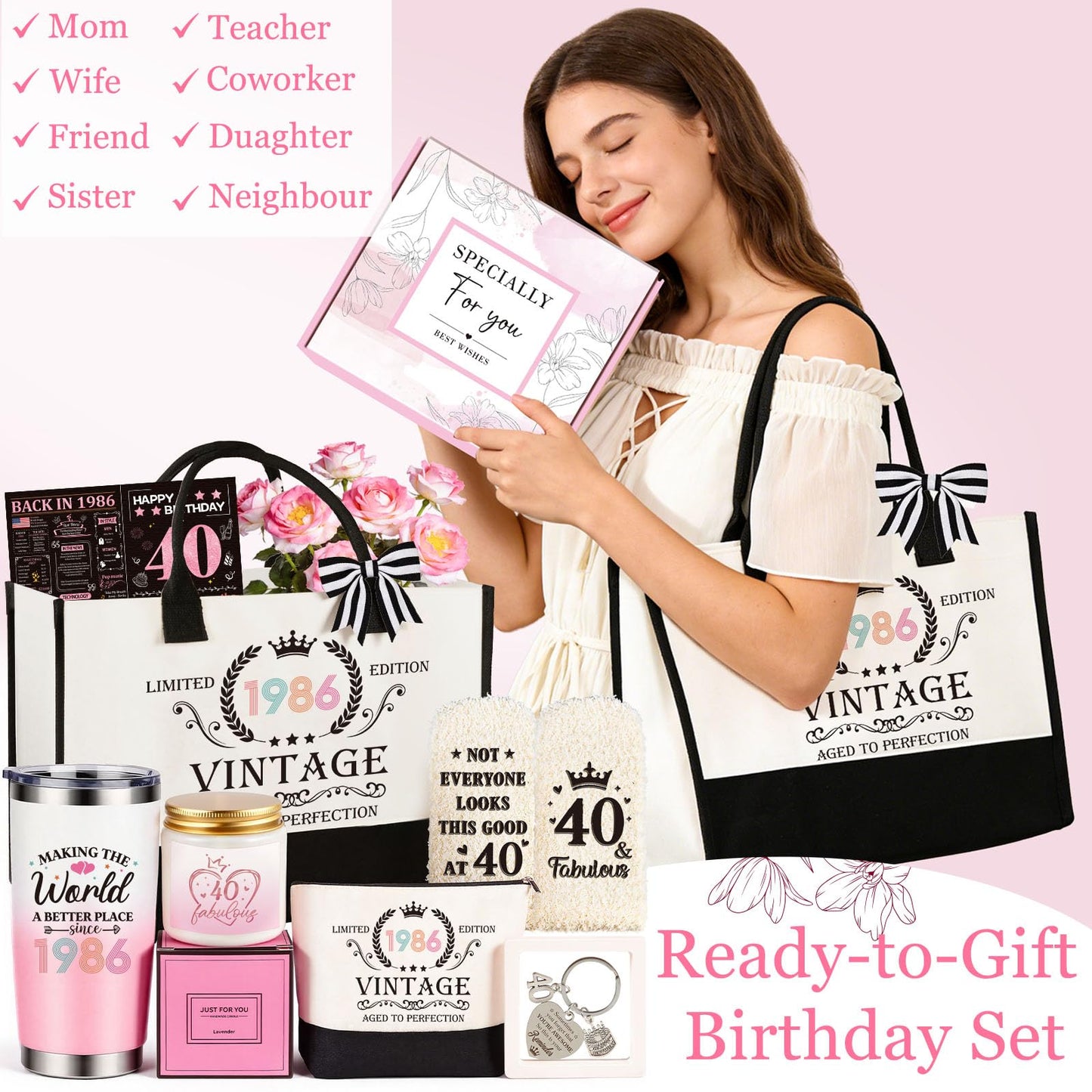 40th Birthday Gifts Women, Vintage 1986 Happy 40th Birthday Gifts Basket for Women Unique Gift Ideas for 40 Year Old Woman, Mom, Wife, Girlfriend, Sister, Friend, Funny Bthday Gift Turning 40 Year Old
