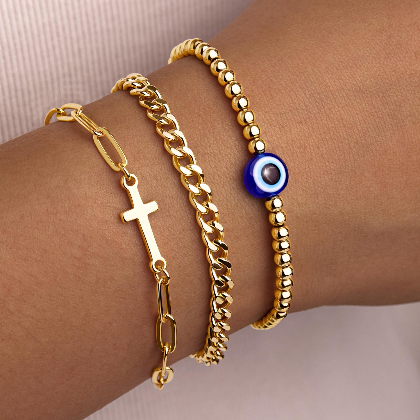 Gold Bracelet for Women, Dainty 14k Gold Filled Bracelets Set Adjustable Stretch Beaded Cuban Cross Bracelet Stack WaterProof Jewelry Gifts for Women