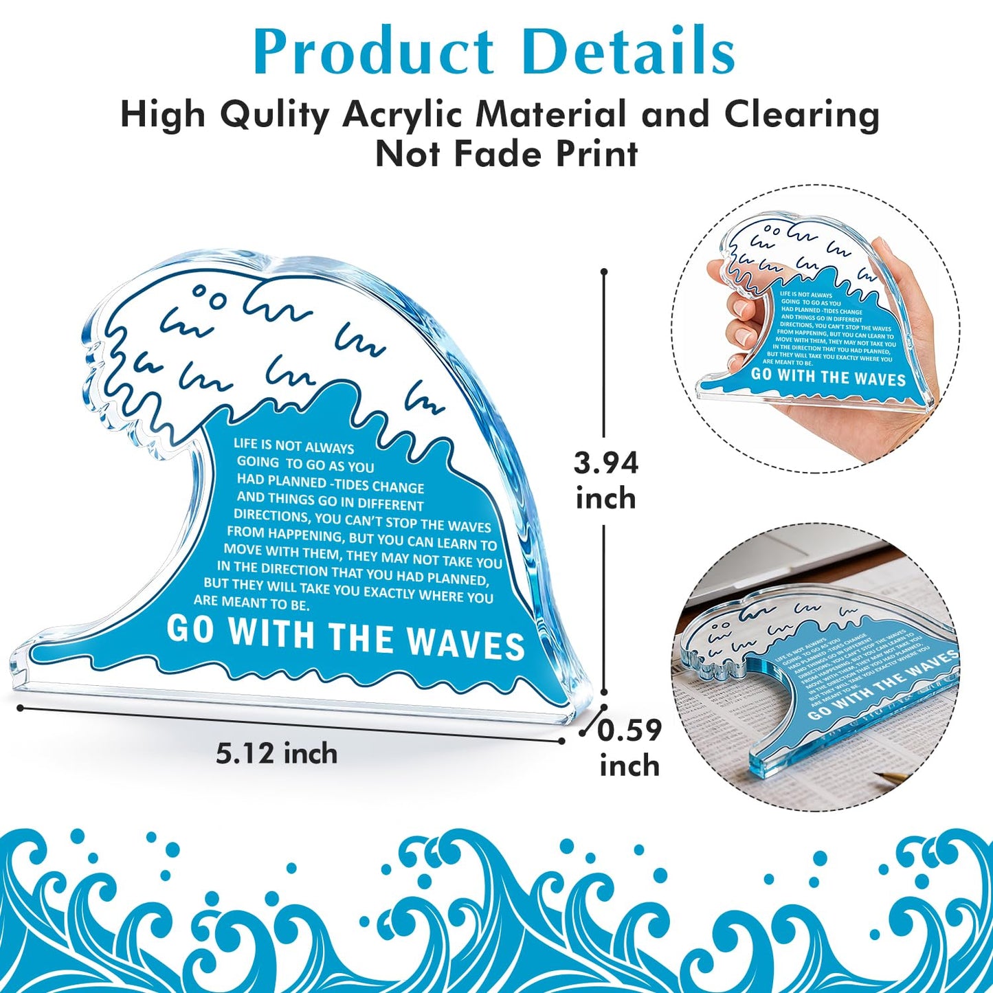 Inspirational Gifts for Women Men,Easter Basket Stuffers Coworker Leaving Retirement Farewell New Job Graduation Gifts for Her Him,Anxiety Relief Item Acrylic Office Desk Decor Ocean Wave Plaque Sign