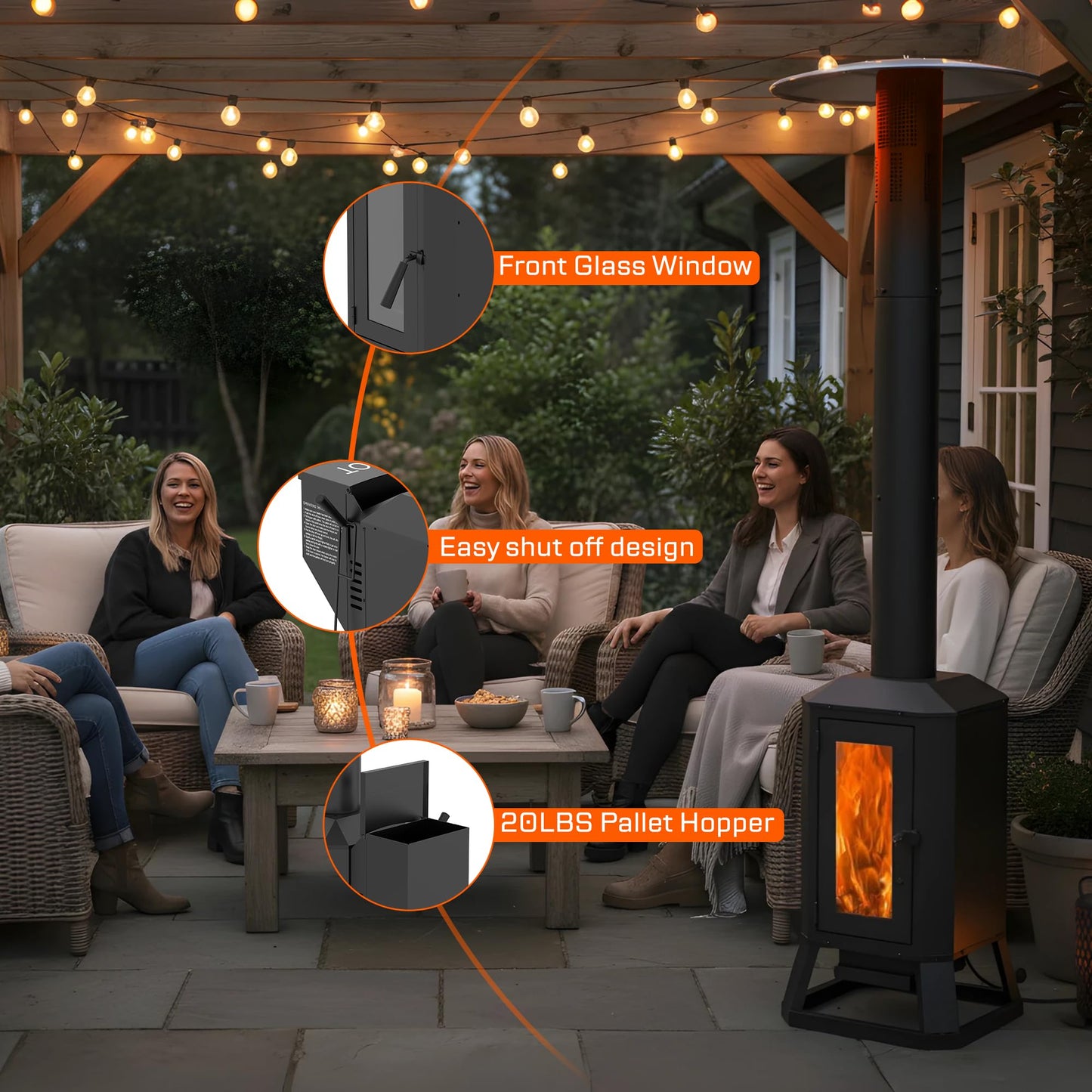70,000 BTU Wood Pellet Outdoor Patio Heater with Glass Viewing Window – Pellet Heaters for Outdoor Use, Home, Gardens & Commercial - Portable with Wheels – Black