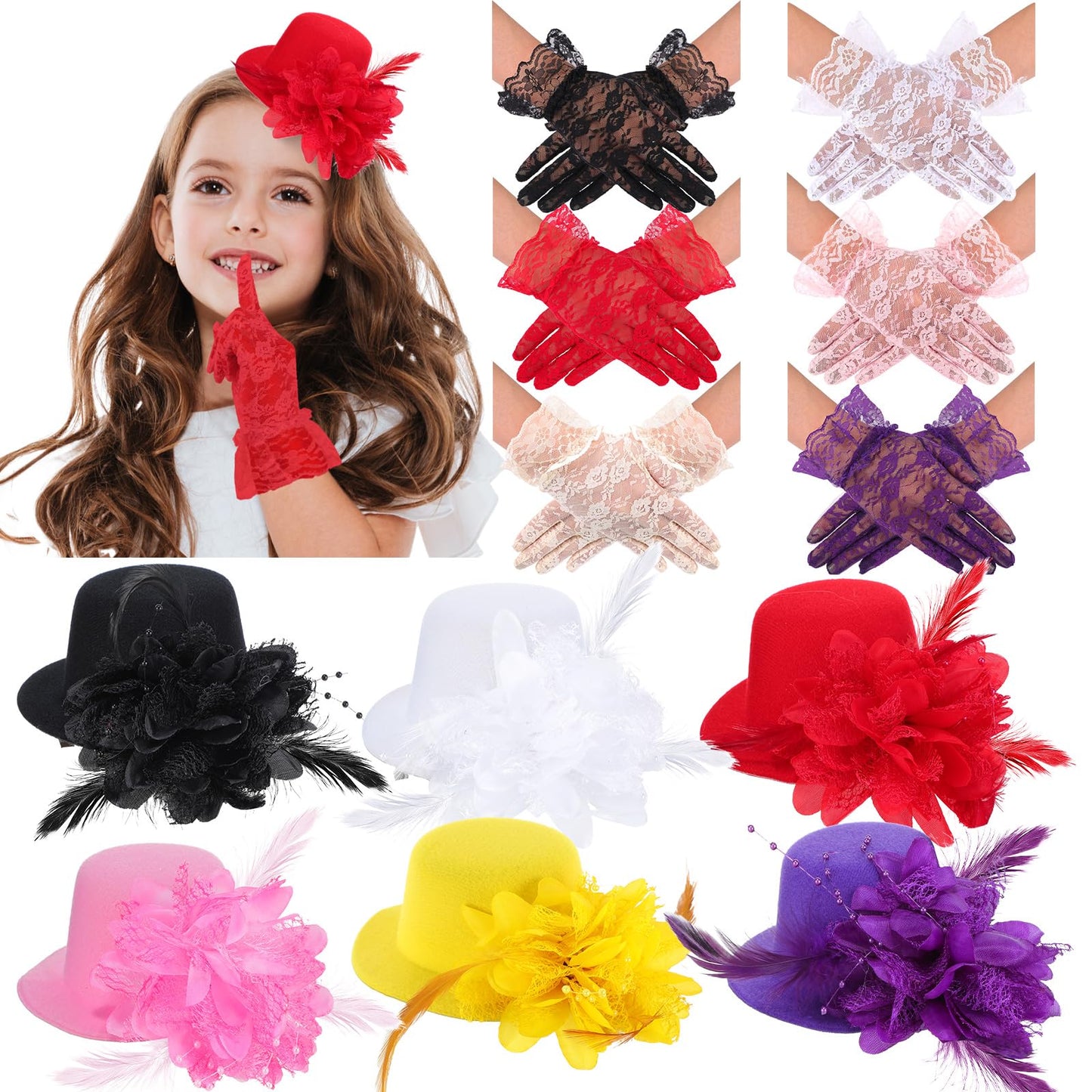 JaGely 12 Pcs Tea Party Fascinator Set Flower Mesh Ribbons Feathers Tea Party Hats for Girls with Lace Gloves for Girls Kids