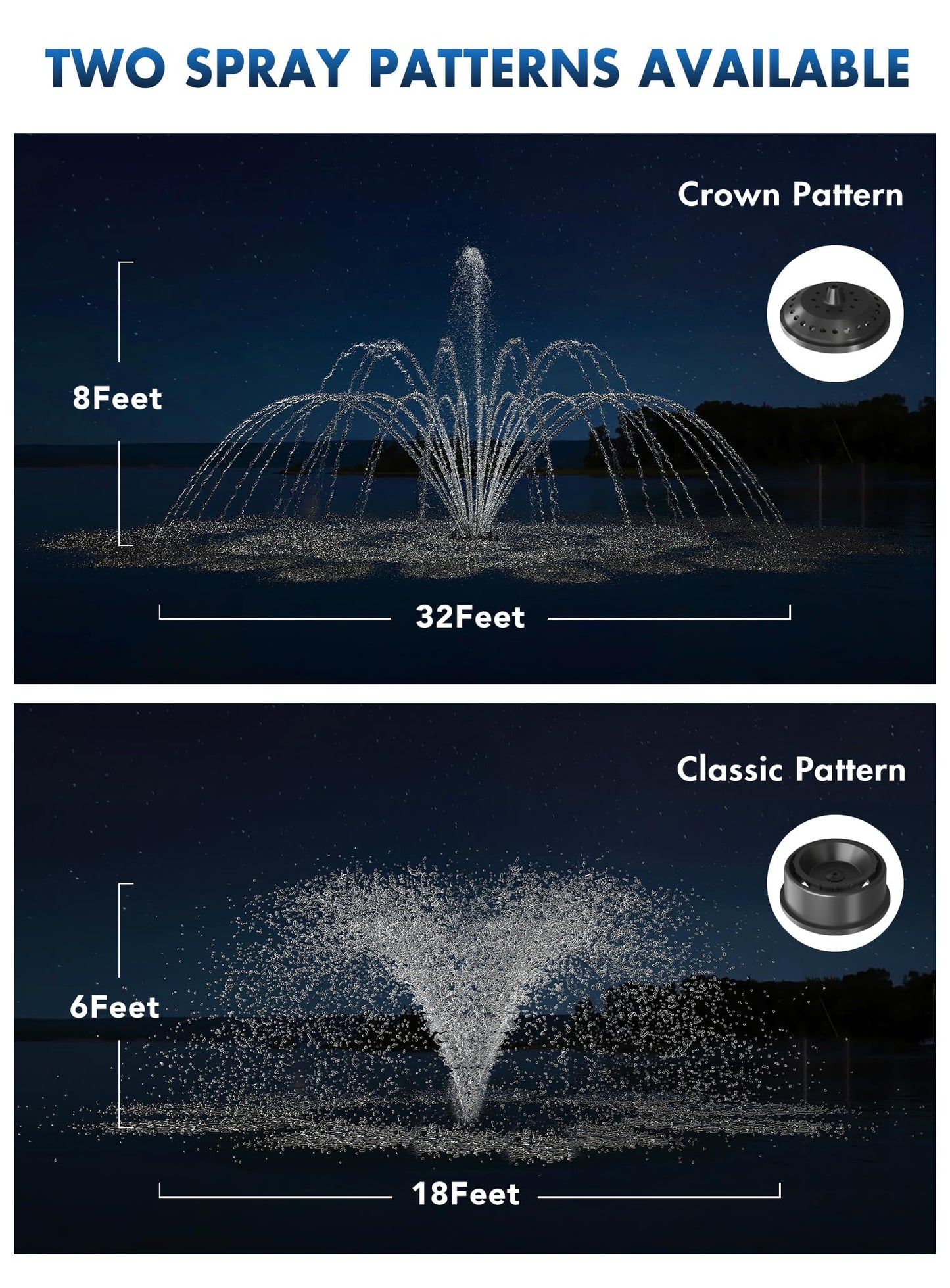 HQUA FS01 120V, 1/2HP, Large Pond Floating Fountain with FSL01 LED RGB Color-Changing Light Sets, 100’ Cord, 13000 GPH, Two Spray Patterns 32'x12' and 18'x6'