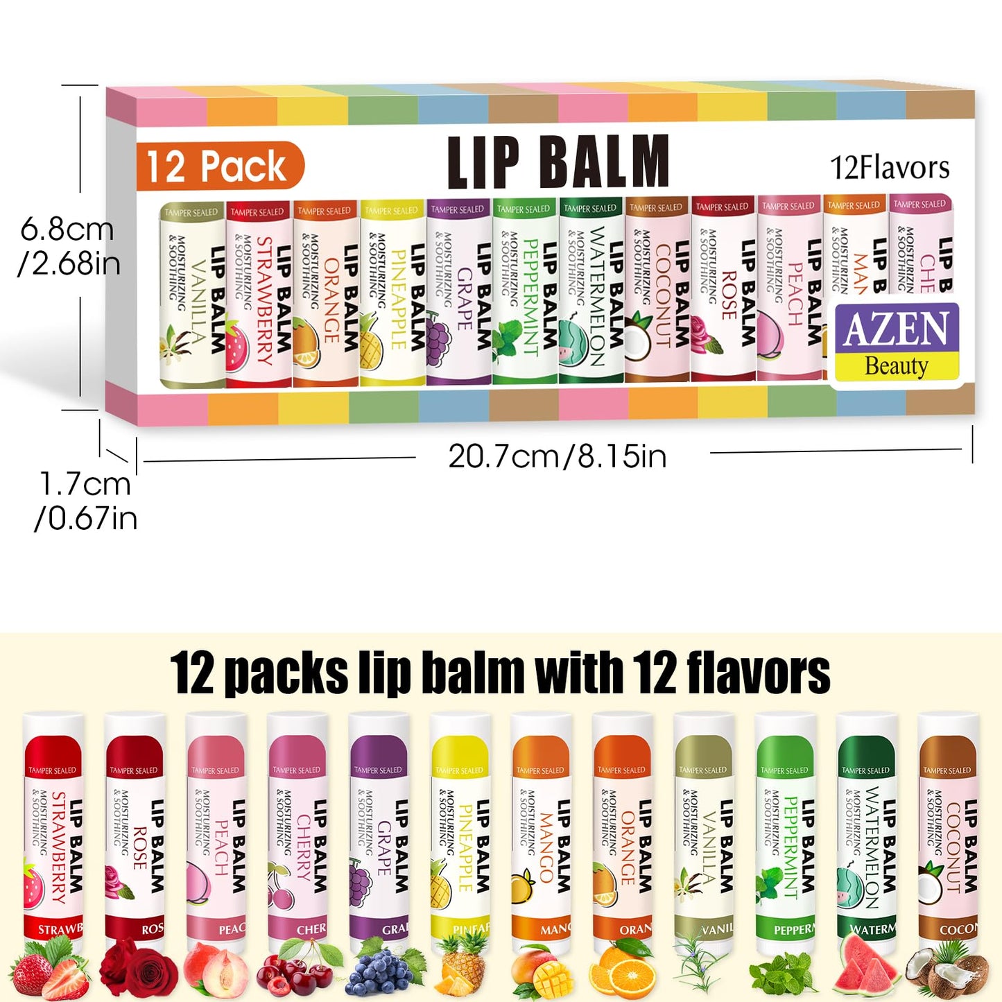 AZEN 12 Pack Lip Balm, Natural Lip Balm Bulk, Lip Care Product, Moisturizing Lip Balm for dry cracked lips - 12 Flavors
