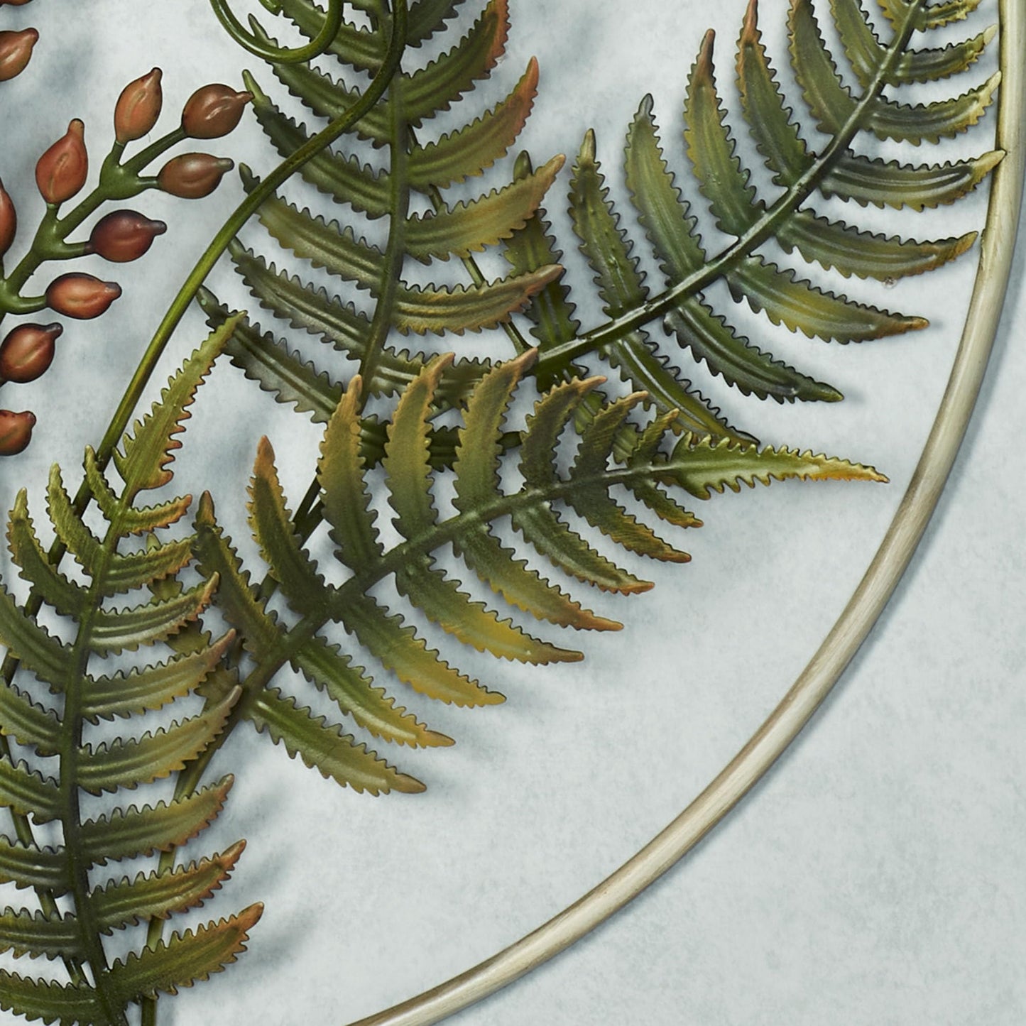 Fern Leaf Nature Metal Wall Sculpture | Handpainted Green, Brown, Ivory, and Gold Earth Tones | Dimensional Textured Botanical Fern Frond Round Wall Art | Textured Metallic Butterfly Circle Wall Decor