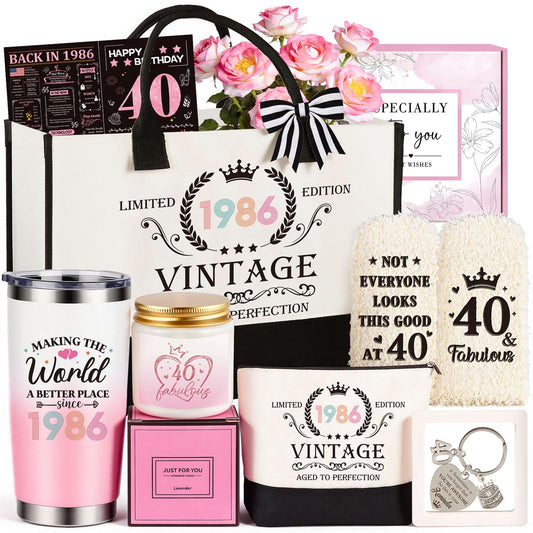 40th Birthday Gifts Women, Vintage 1986 Happy 40th Birthday Gifts Basket for Women Unique Gift Ideas for 40 Year Old Woman, Mom, Wife, Girlfriend, Sister, Friend, Funny Bthday Gift Turning 40 Year Old