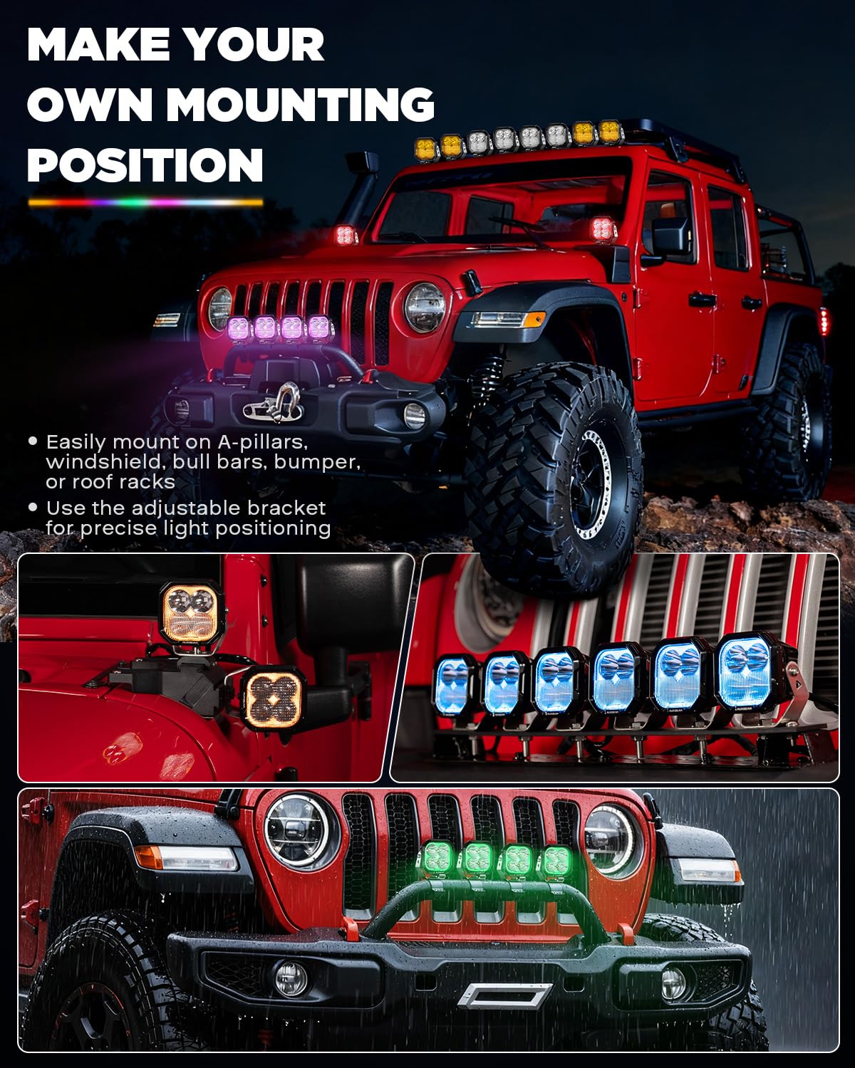 Auxbeam RGB Offroad LED Pod Lights 3 Inch 116W Flood Beam Ditch Lights 7 Colors Changing Gradient Backlights RGBW Multicolor Ambient Lighting with Covers, Color Play Series