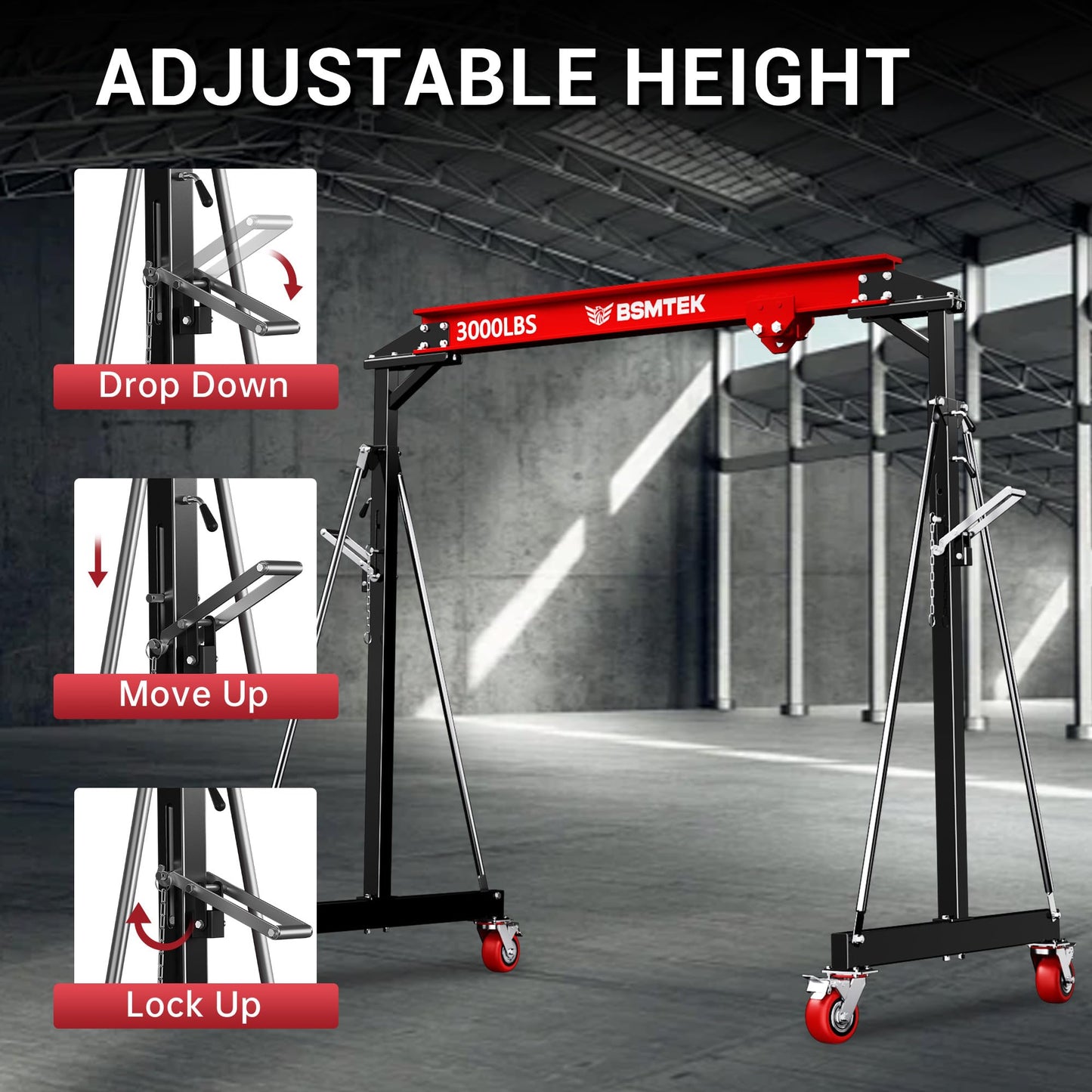 BSMTEK 1.5 Ton Gantry Crane Capacity, 3000LBS Adjustable Height (8.53-12.47 FT) & Width (6.56 FT), Steel I-Beam Construction, Portable Shop Hoist for Factories, Warehouses, Red-2026 Upgraded