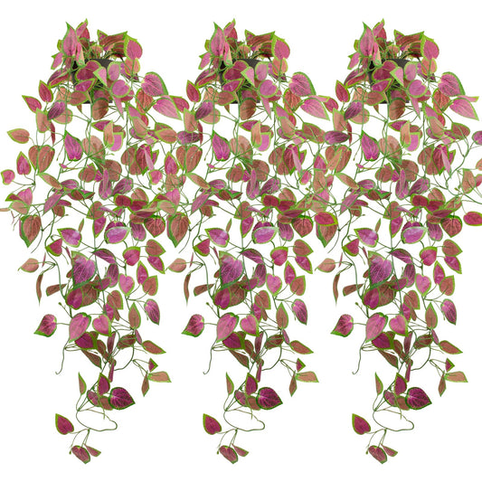 LOYWREE 3 Pack Artificial Purple Ivy Hanging Vine Plants - Small Potted Long Trailing Cascading Foliage, Gothic Home Decor for Indoor/Outdoor, Office, Garden & Shelf (Black Pot Included)