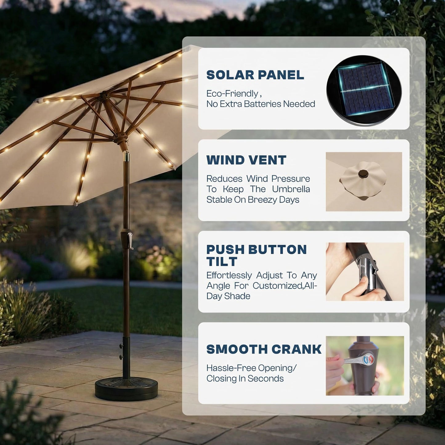 Patio Kingdom 10FT Solar Patio Umbrella with Lights, Outdoor Table Market Umbrella with 32 LED Lights, 8 Sturdy Ribs, Push Button Tilt and Crank for Pool, Deck and Garden, UV-Resistant, Beige