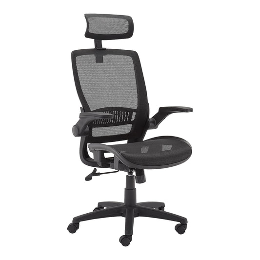 Amazon Basics Ergonomic High-Back Office Chair, Breathable Mesh, 360° Swivel, Easy to Assemble, Comfortable Flip-Up Armrests, 25.5"D x 26.25"W x 49.25"H, Black