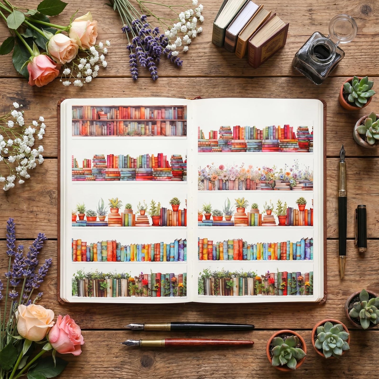 6 Rolls Book-Themed PET Tape, PET Tape Stickers for Journaling, Library and Nature-Inspired Floral washi Stickers Book Journal Supplies for DIY Crafts, Gift Wrapping, Scrapbooking and Journaling