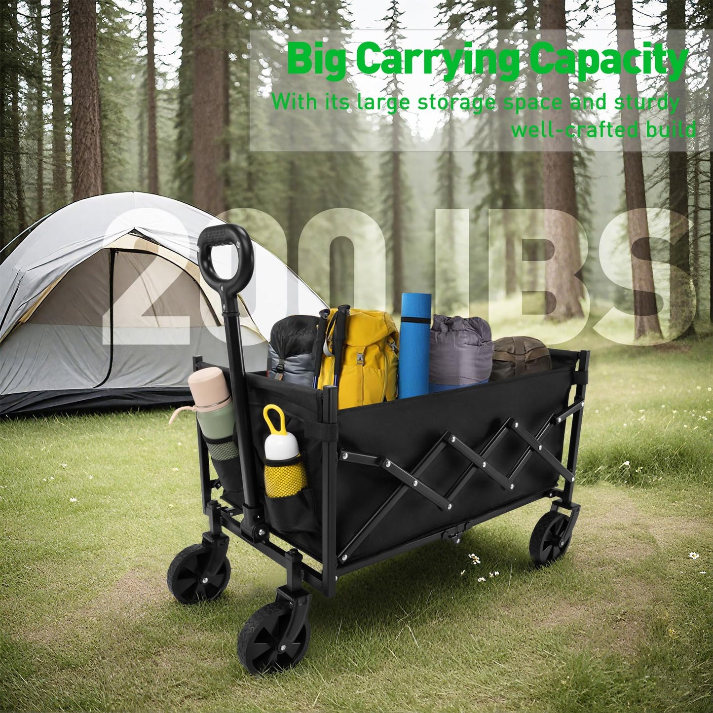 Collapsible Foldable Camping Cart, 200lbs Foldable Wagon Cart with Wheels, 150L Shopping Cart for Groceries Folding Utility Wagon for Beach, Garden, Camping, Sport, Black