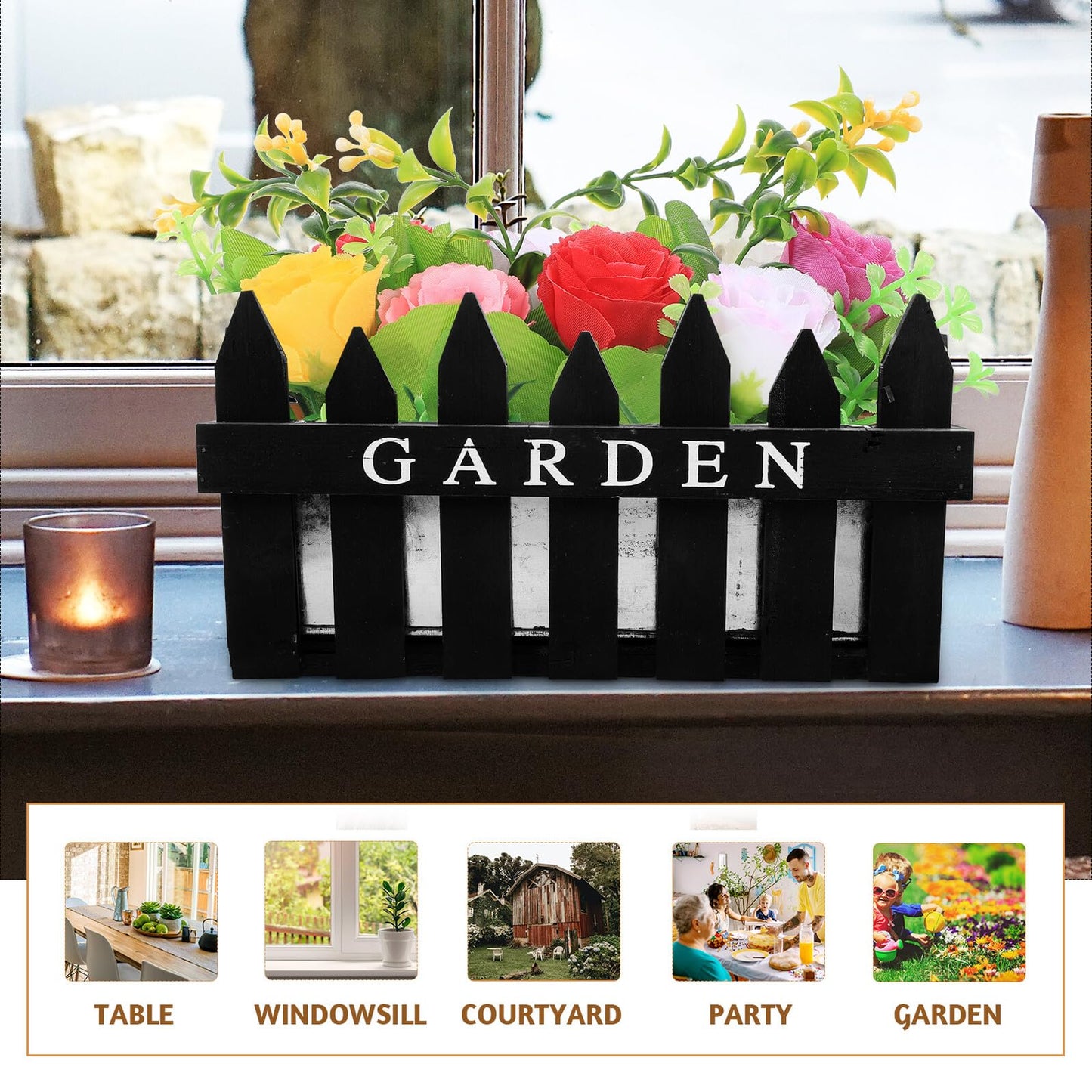 Toyvian Rectangular Wooden Fence Plant Pot for Balcony and Patio, Black Wood Planter Box with Fence Design, Outdoor Garden Flower Container for Plant Arrangement and Home Decor