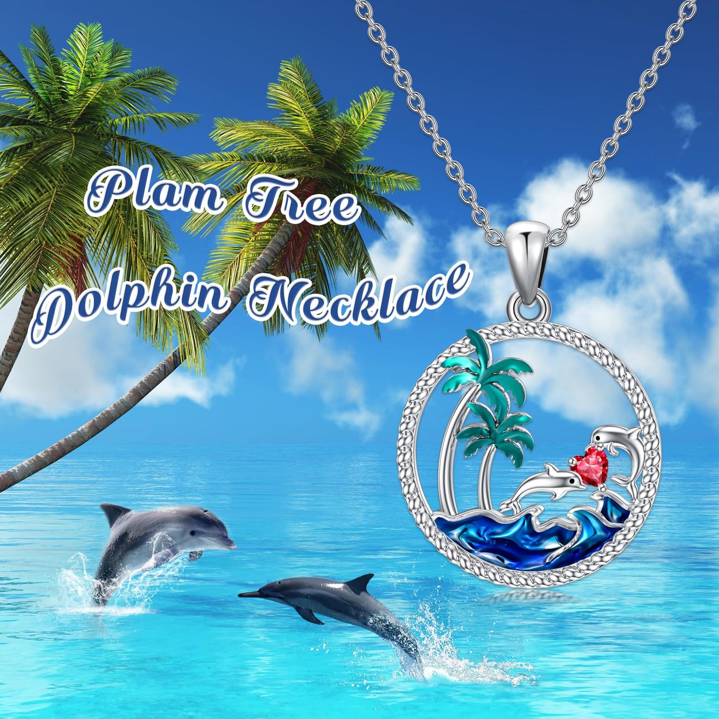 PROESS Dolphin Necklace Sterling Silver July Birthstone Necklace Palm Tree Beach Jewelry Ocean Animal Gifts for Women Daughter