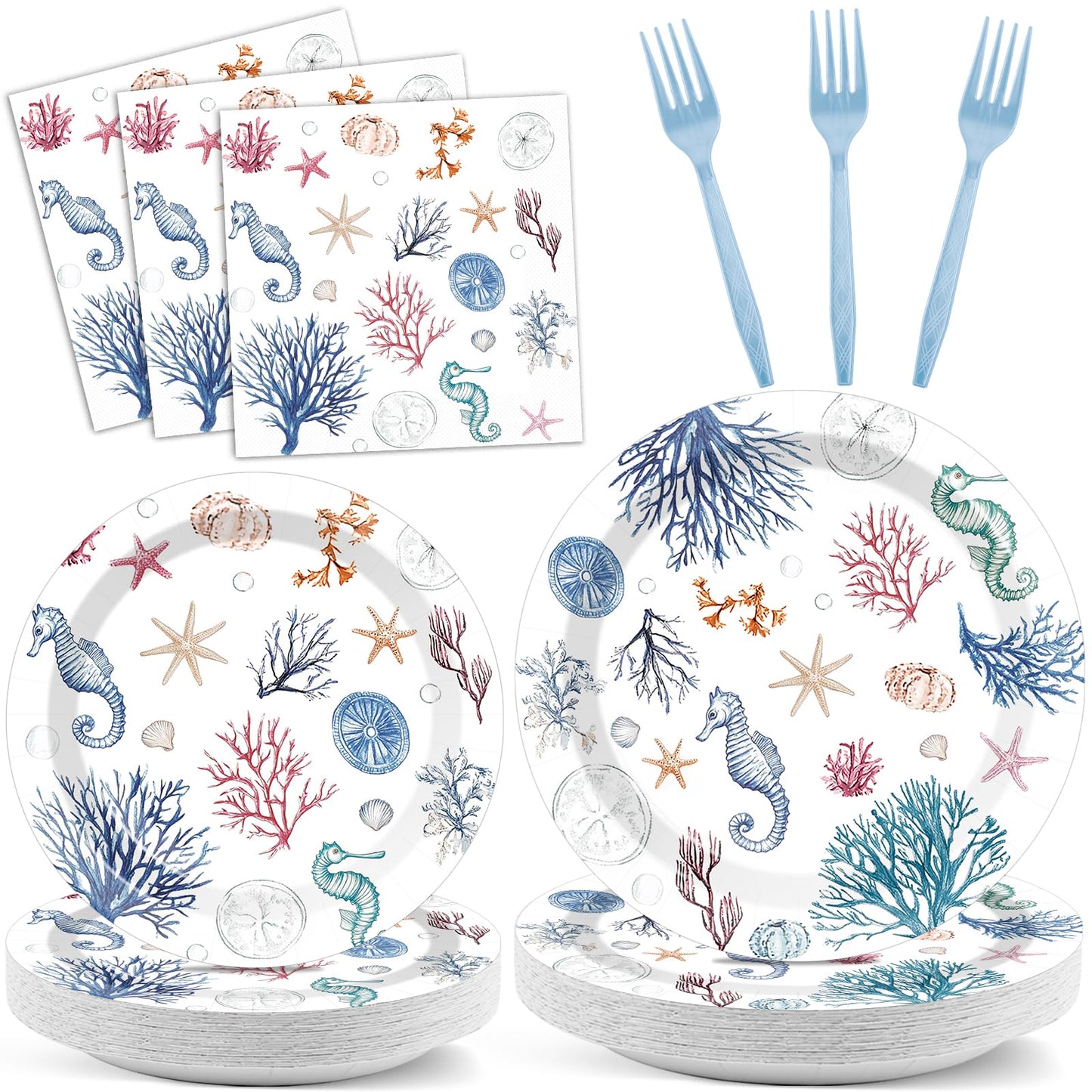 96Pcs Seashell Party Supplies Ocean Beach Birthday Plates and Napkins Blue Coastal Seashell Tableware Beach Disposable Dinnerware for Wedding Baby Shower Birthday Party Decorations for 24 Guests