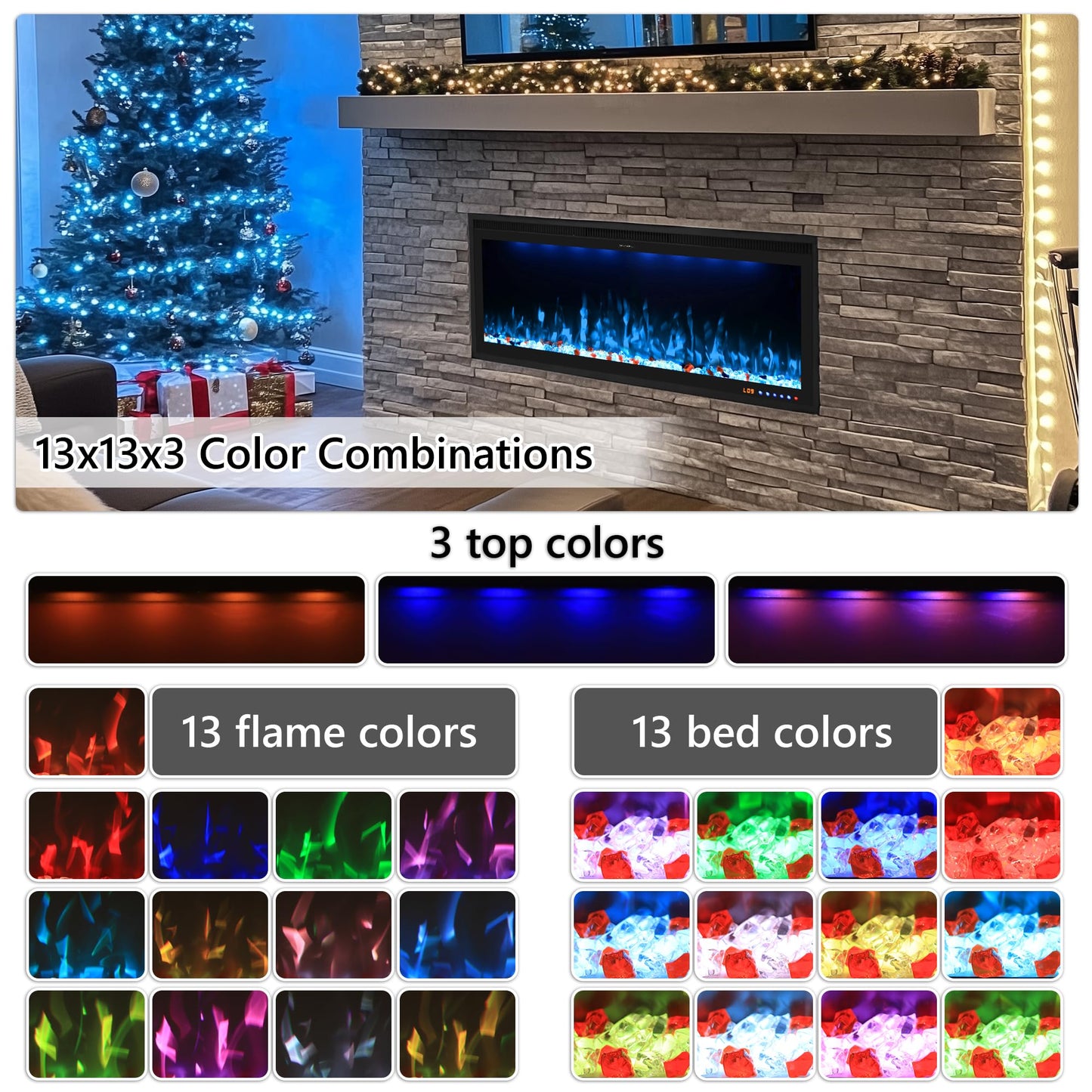 Valuxhome 60inch Recessed Electric Fireplace, Ultra Narrow Frame Design, 13 Flame Colors, 400 Sq.ft, 750/1500W