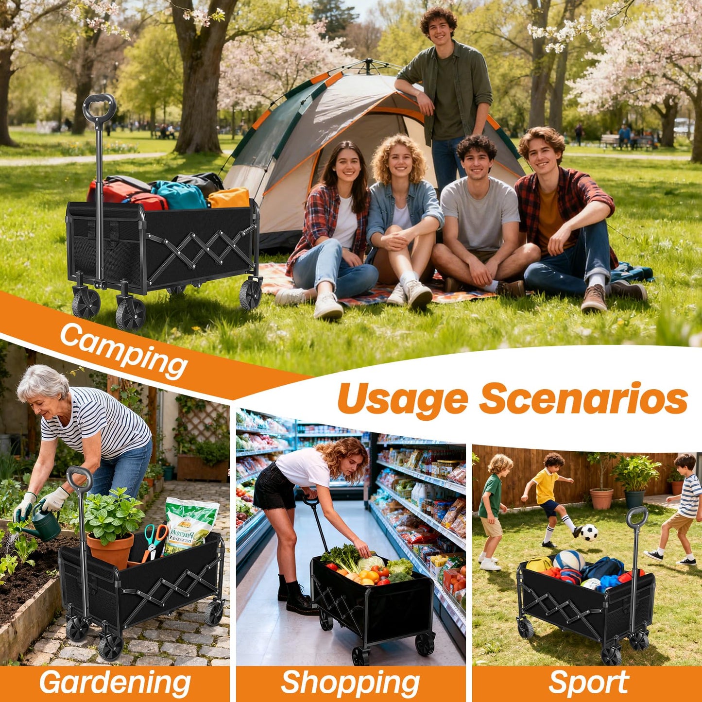 Collapsible Wagon Cart Foldable, 360lbs Portable Folding Wagon with Wheels, Foldable Wagon Carts Utility for Camping, Beach, Grocery, Shopping, Sports, Garden(Classic Black)
