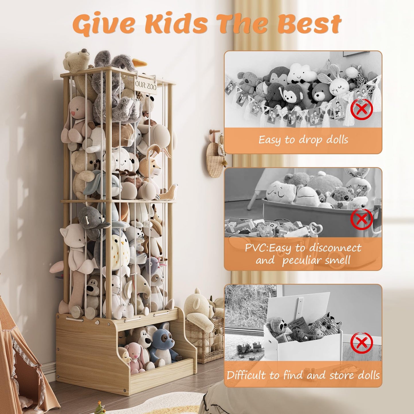 EXPERLAM Stuffed Animal Storage, Wood Stuffed Animal Zoo with Toy Chest, Vertical Stuffed Animal Holder with Thicker Elastic Band, Plushies Storage for Playroom, Living Room, Nurseryroom, Bedroom