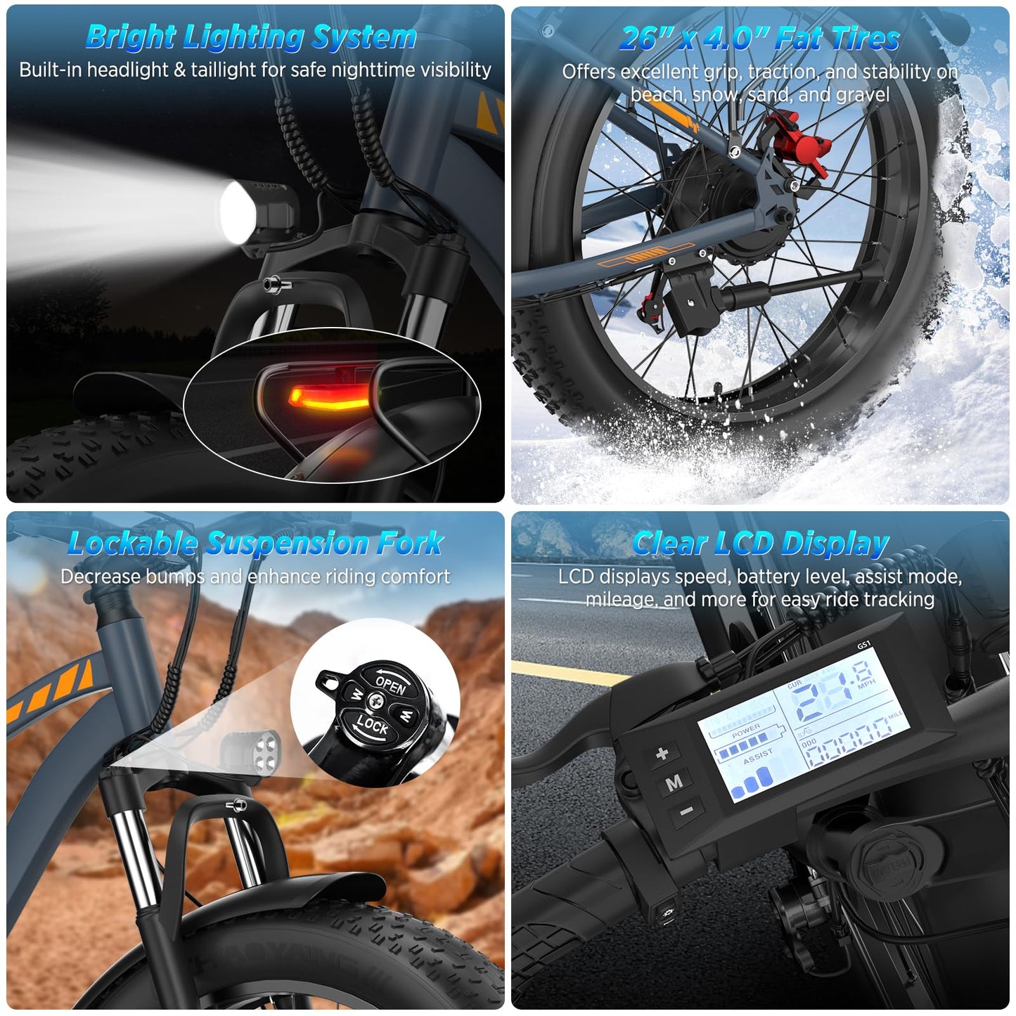 1000W Electric Bike for Adults, 7 Speed Ebike with 26" Fat Tire, Max 30MPH & 50 Miles, 48V 18.2Ah Battery, Hydraulic Disc Brake, All-Terrain Moped Style Ebike for Snow, Mountains, Sand, Road