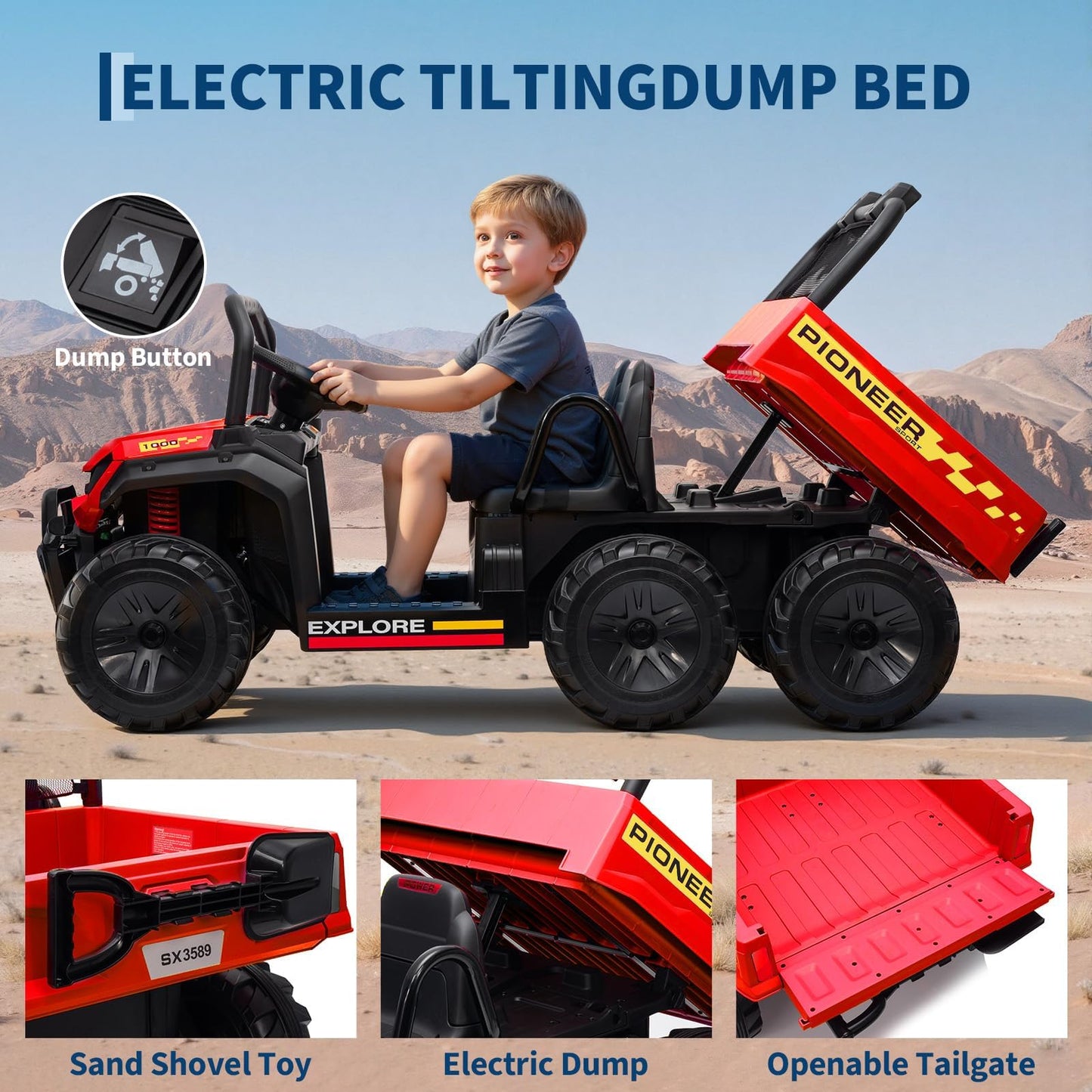 24V Electric Ride-on Dump Truck for Kids, 4WD Ride-On Car for Kids, 2-Seater UTV with Remote Control, Off-Road Electric Vehicle for Boys & Girls Outdoor Play