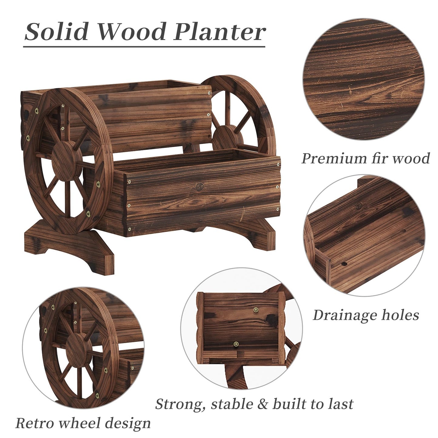 Kitsanery Wooden Planter Box,Planters for Outdoor Plants, Flower Cart for Patio Garden Balcony, Backyard Decor Garden Planters with Wheels for Flowers,Vegetables (Carbonised Colour (Dark Brown))