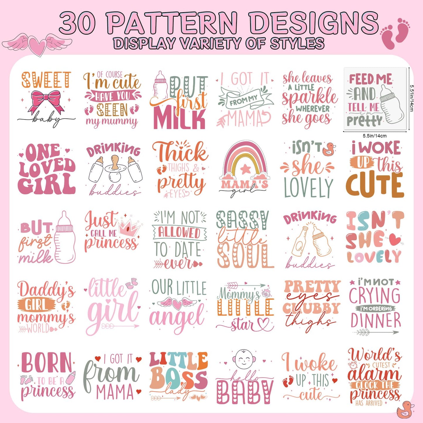 Falueqg Baby Shower Iron on Transfers - 30Pcs Pink DTF Transfers Ready to Press, Cute Iron on Decals Patches for Baby Girls Bodysuit, Heat Appliques Vinyl Stickers for Baby Onesie Bibs Decorating Kit