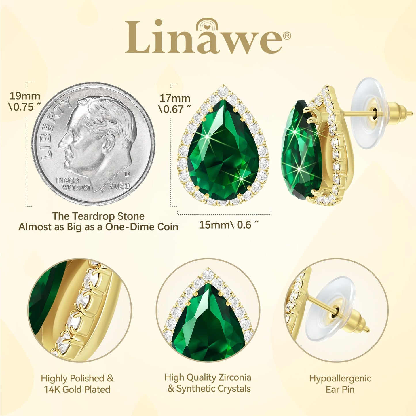 Linawe Emerald Gold Cubic Zirconia Earrings Studs, Statement Imitation Diamond Stud Earrings Women, Teardrop Rhinestone Crystal Formal Earring Set, Wedding Bridal Bridesmaid Jewelry