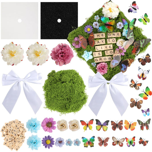 49 Pcs Spring Garden Theme DIY Graduation Cap Decor Faux Assorted Flowers White Bows 3D Butterfly Stickers Artificial Moss Crafts Alphabet Tiles for DIY Hat Grad Cap Topper Graduation Party Supplies