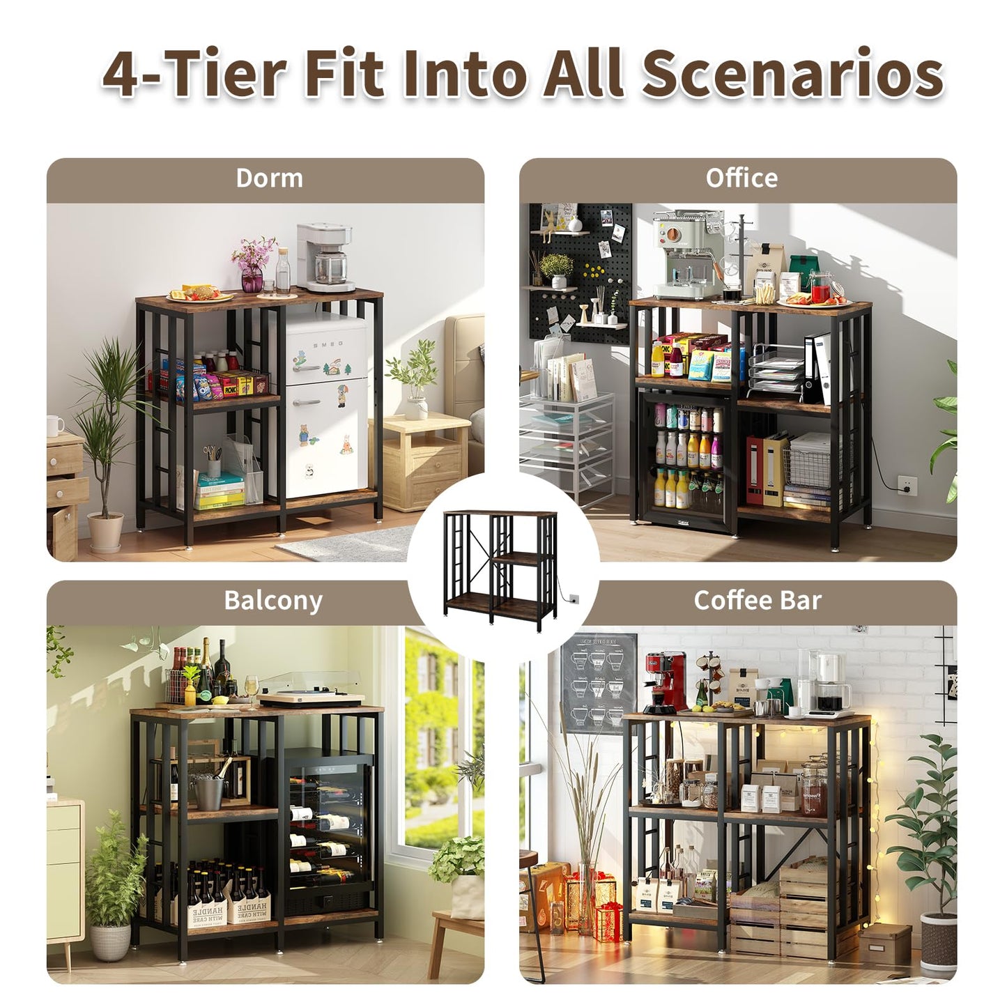 METYERRY Adjustable Kitchen Bakers Rack with Power Outlet,4-Tier Microwave Stand Kitchen Cart,Mini Fridge Stand with Storage,Bar Cabinet,Suitable for Office,Coffee Bar,Living Room,Patio,Rustic Brown