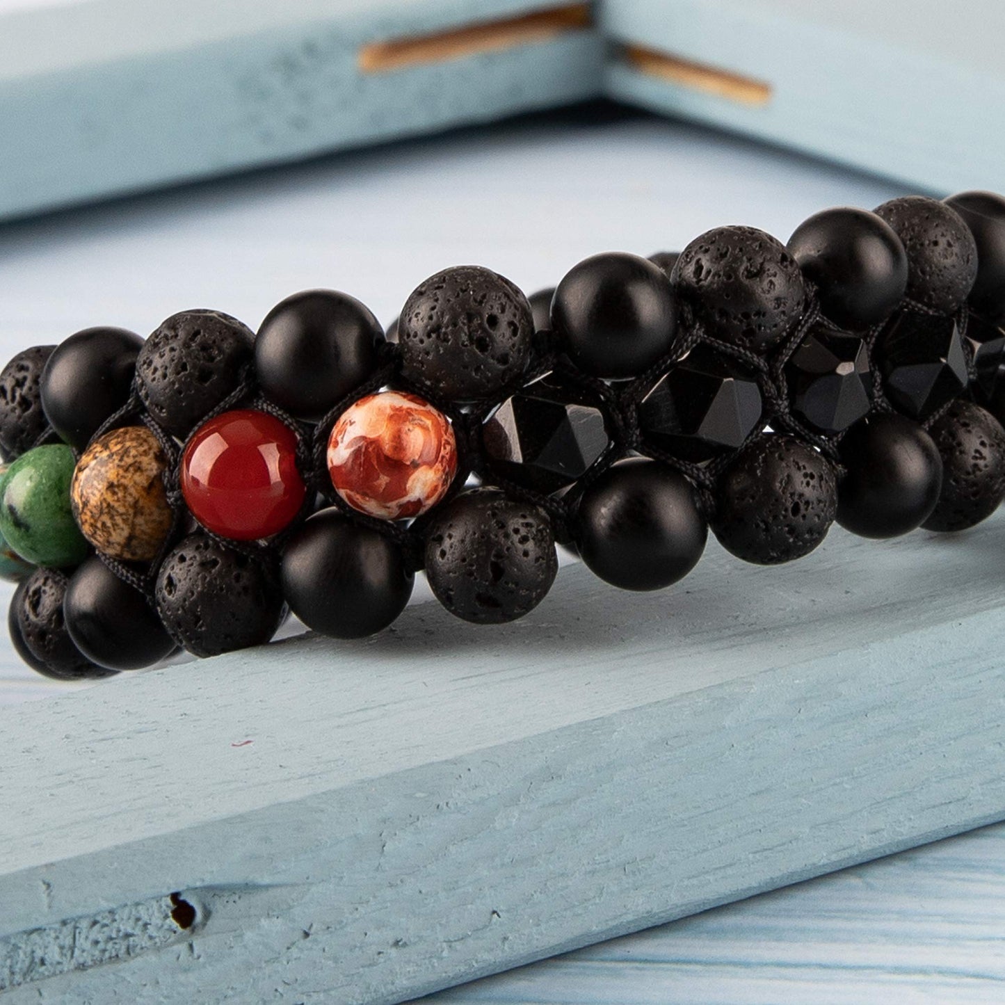 8mm Natural Lava Rock Stone Bracelets for Men, Healing Crystal Essential Oil Diffuser Beads Bracelet Chakra Yoga Energy Anxiety Gemstone Bracelet - 3 Layer