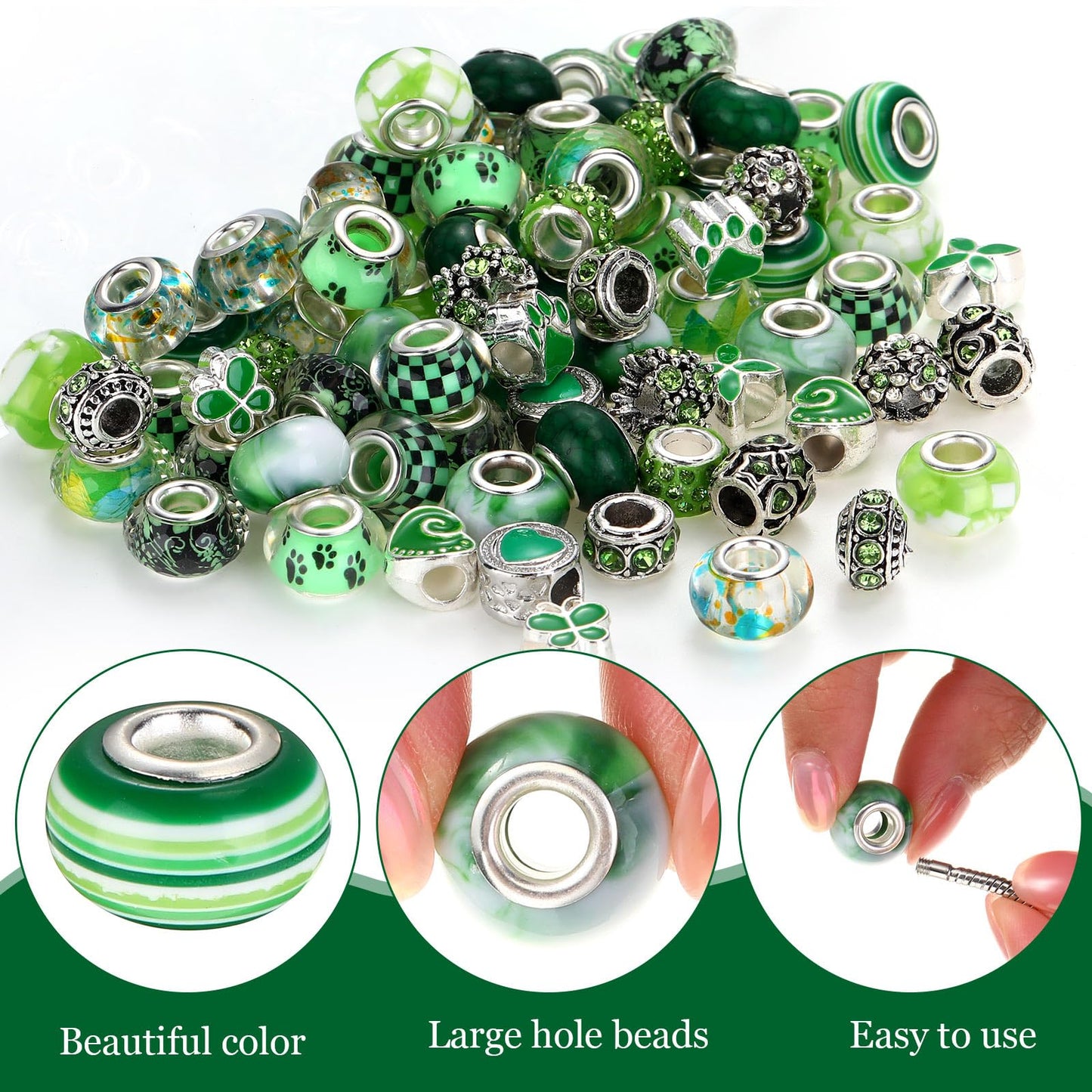 Hicarer 80 Pcs Assorted European Large Hole Beads, Spacer Glass Beads Rhinestone Metal Macrame Charms Supplies for DIY Crafts Bracelets Necklaces Jewelry Making(Green)