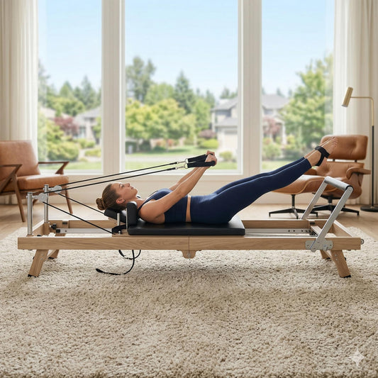 75" Foldable Pilates Reformer Machine for Home Use, Professional Stainless Steel with Wood-Grain Finish, Hybrid Resistance (Springs & Latex), Wellness Gift for Petite Women up to 5'9"