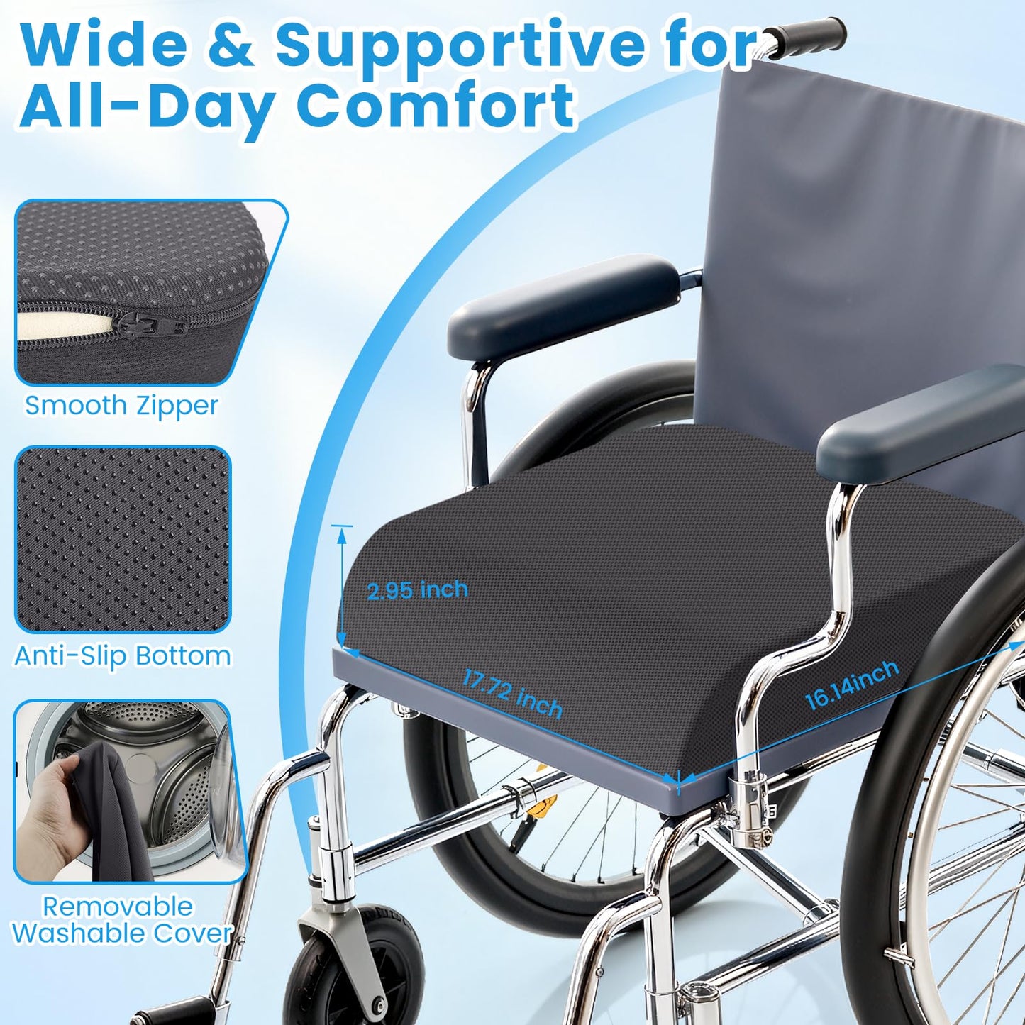 ComfyInLove Wheelchair Seat Cushion - Cooling Gel & Memory Foam Office Chair Cushion with Non-Slip Bottom & Washable Cover, Ergonomic Car Seat Pillow for Sciatica, Tailbone, Back Comfort (Grey)