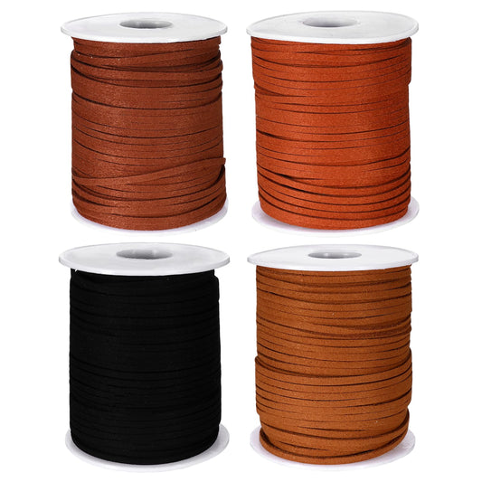 4 Rolls Flat Suede Cord for Jewelry Making, Thin Leather Shoe Laces Strips Ribbon, Faux Leather Strings for Crafting Necklaces Bracelets Tassels Dream Catchers (3mm, 200 Yards)