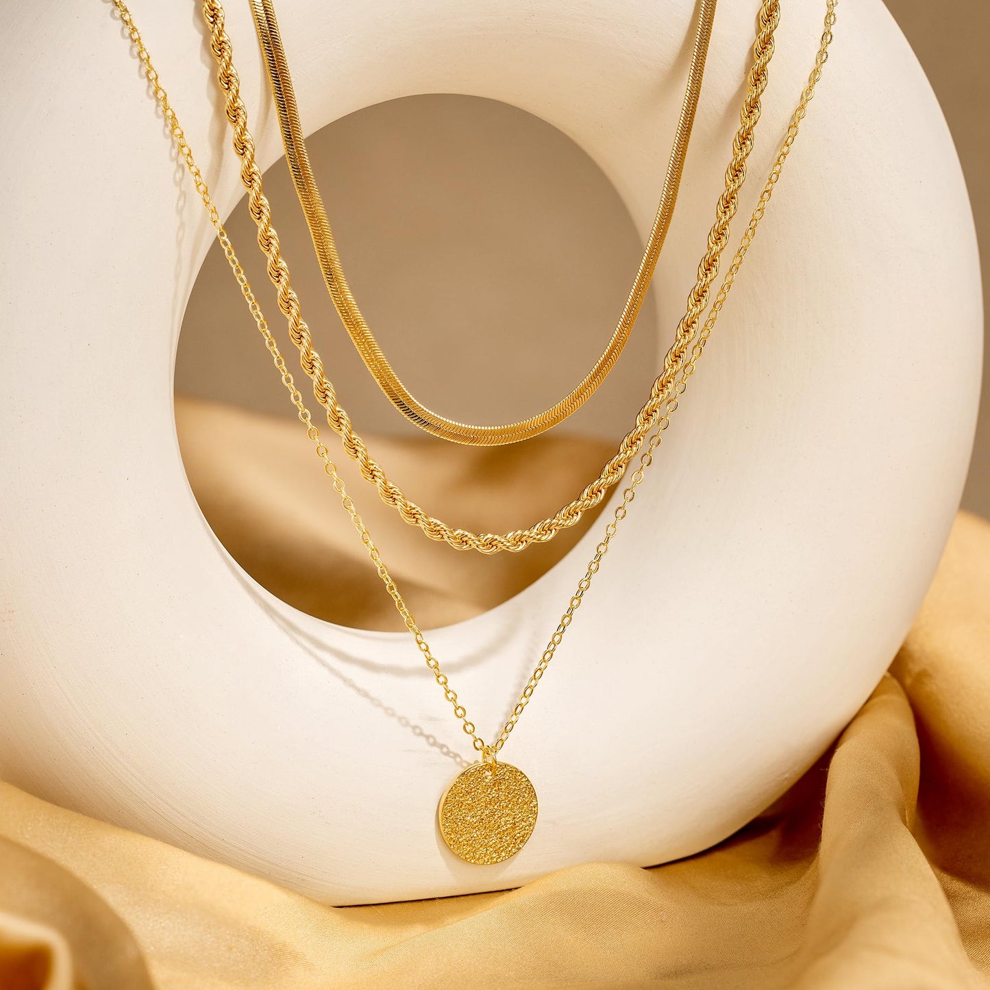 CHESKY Layered Necklace for Women Trendy,Dainty 14K Gold Plated Bar Disc Pendant Necklace Simple Snake Rope Chain Gold Jewelry Set for Women Gifts
