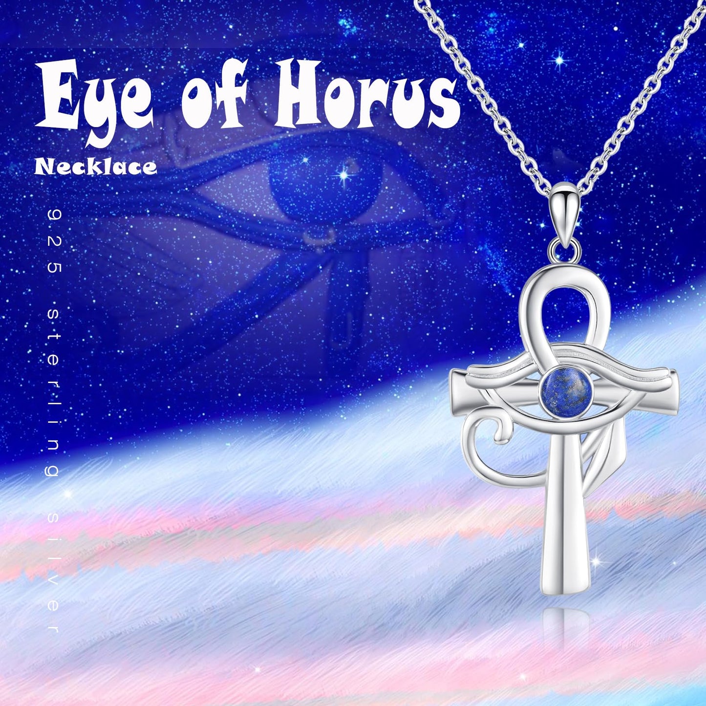 MOPOPOK Eye of Horus Necklace S925 Sterling Silver Ankh Cross Necklace with Lapis Lazuli Egyptian Eye of Horus Protection Cross Jewelry Gifts for Women Birthday Christmas