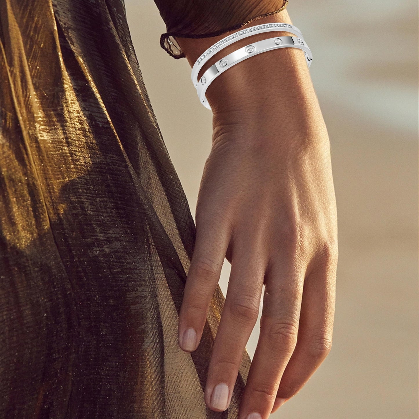 Camhanno Silver Bracelet Stack for Women - 2Pcs 18K Gold Plated Love Bangle Crystal Friendship Bracelet Jewelry,Mothers Day Valentines Birthday Christmas Jewelry Gifts for Mom Her Wife Grandma.