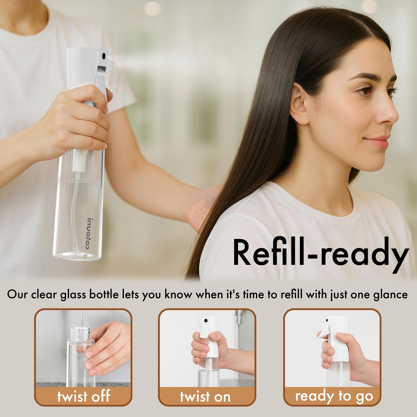 Cotouni Continuous Spray Bottle for Hair Care, Hydrating Skin Care | Plant Mister or Squirt Bottle for Ironing and Cleaning, 10.1 fl oz/300 mL Clear Glass, 9.8"(H) x 2.08"(W)