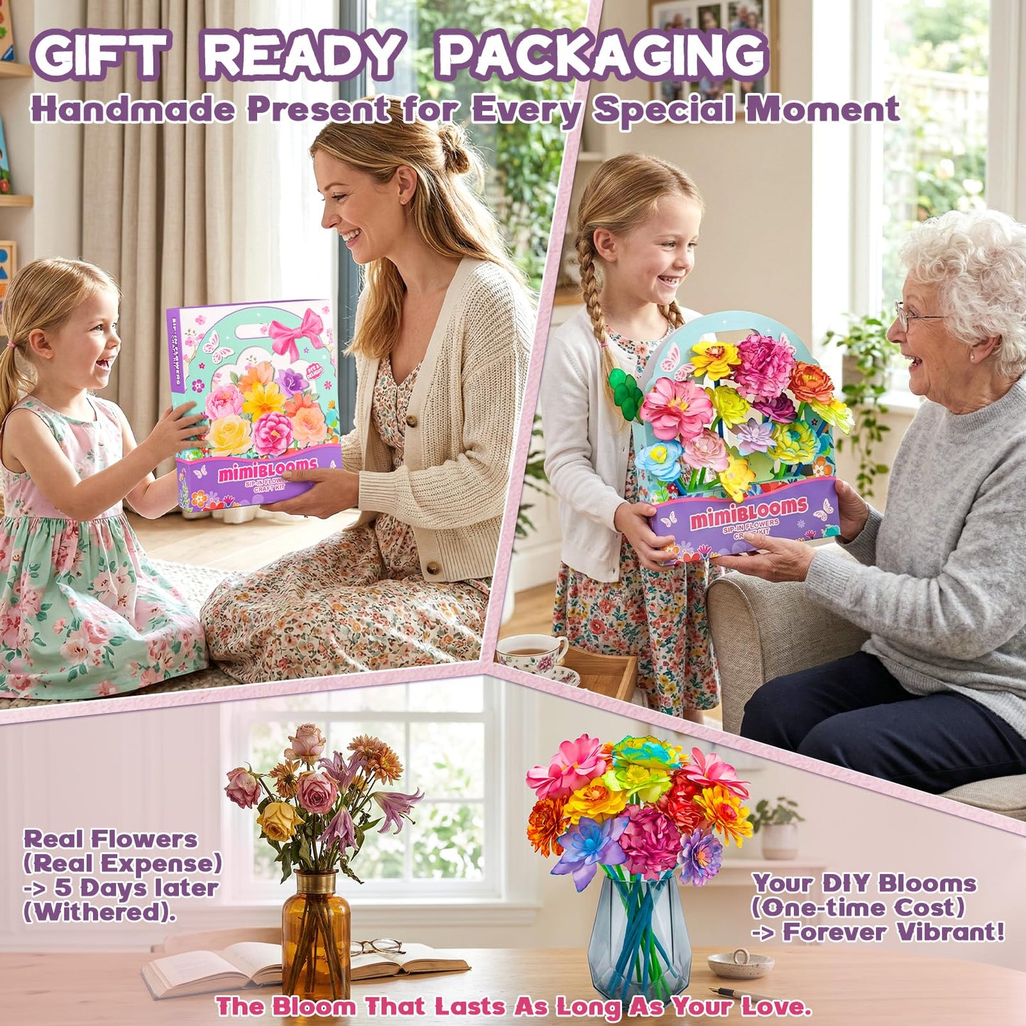 SOCBTNSO Paper Flower Crafts Kit for Kids, Bloomjoy Magic Petal Arts and Crafts Color Science, DIY Bouquet Maker, Flower Making Kit for Girls Age 6 7 8 9 10 11 12, Gifts for Mother Grandma Daughter