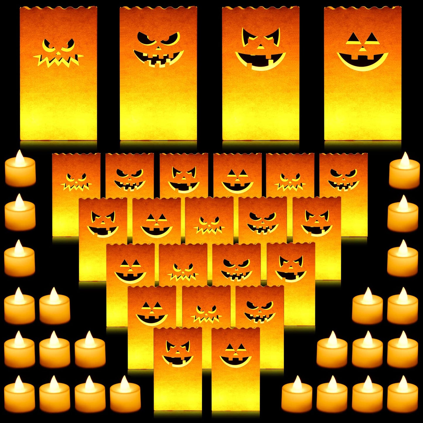 Meanplan 48 Pcs Halloween Luminary Bags with LED Light Candles Set 24 Pcs Luminary Candle Bags 24 Pcs LED Tealight Candles Ghost Lantern Bags for Halloween Outdoor Indoor Patio Decorations (Classic)