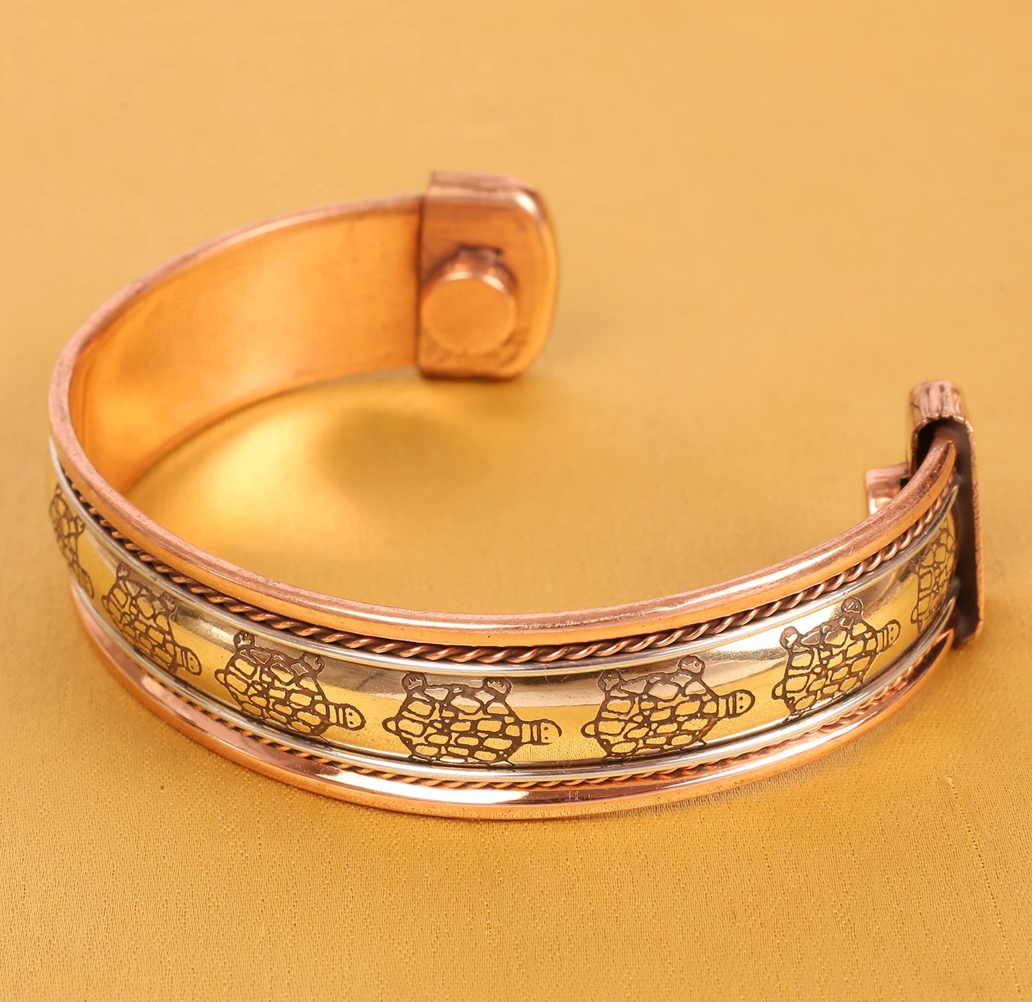 Touchstone handcrafted magnetic copper bracelet. Hand forged with solid and high gauge Tibetan style engraved cuff pure copper jewelry for women men. Tortoise Inspired