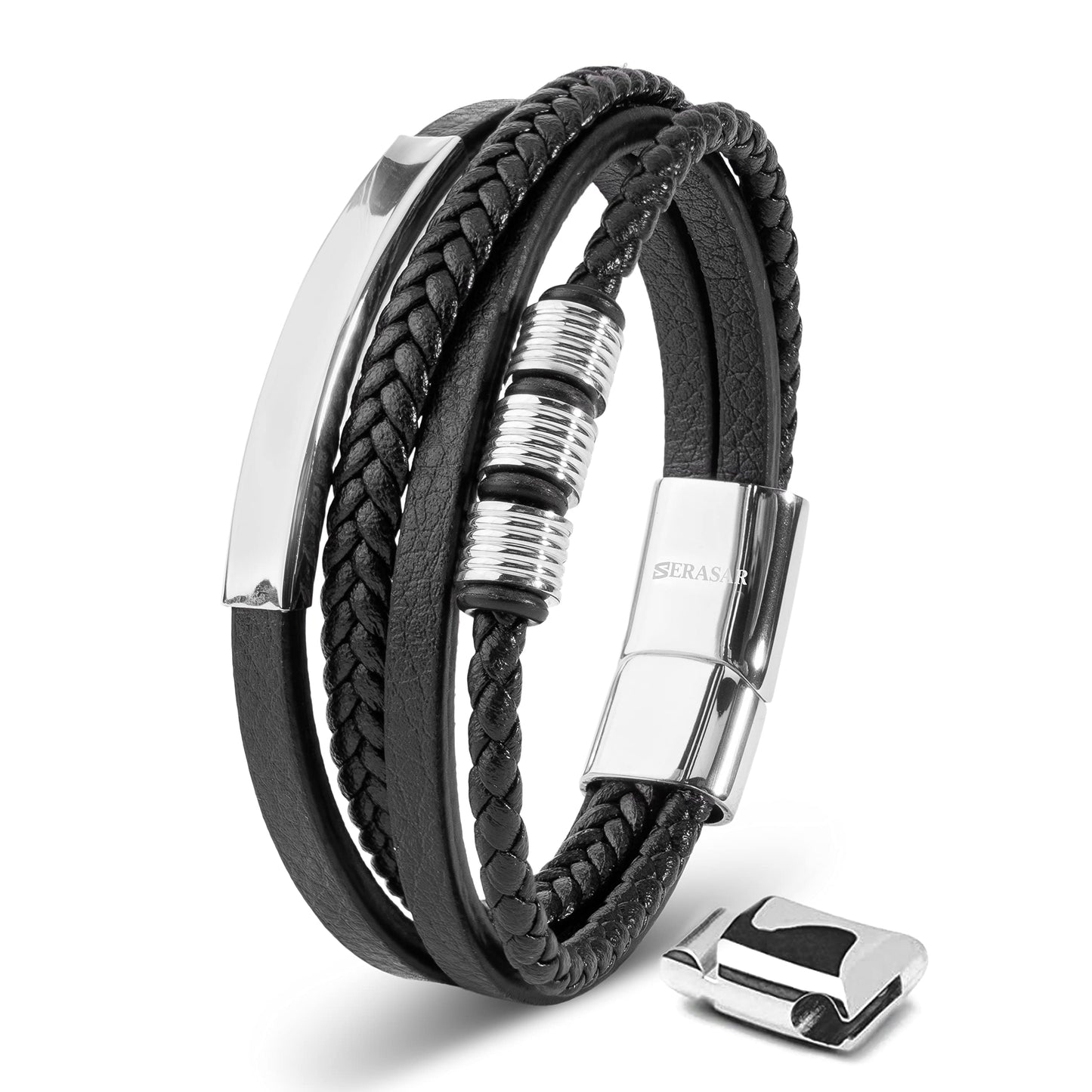 SERASAR Mens Leather Bracelet 17cm Silver Presents Men Gift Box Cowhide Braided Magnetic Clasp Multi Layer Wrap Rope Mans Male Bracelets Band Jewelry Magnet Accessories