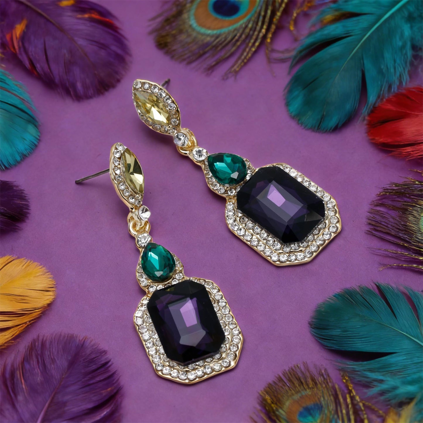 BriLove Wedding Bridal Dangle Earrings for Women Emerald Cut Crystal Infinity Figure 8 Chandelier Earrings Purple Green Yellow Gold-Plated-Base
