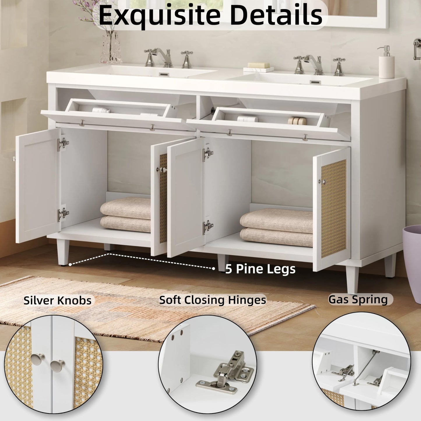 Christopher Knight Home Heli 60" Modern Double Bathroom Vanity with Sink Combo Set, Modern Freestanding Bathroom Sink Cabinet with Drawer, Bathroom Storage Cabinet with Sink Combo, White +Natural