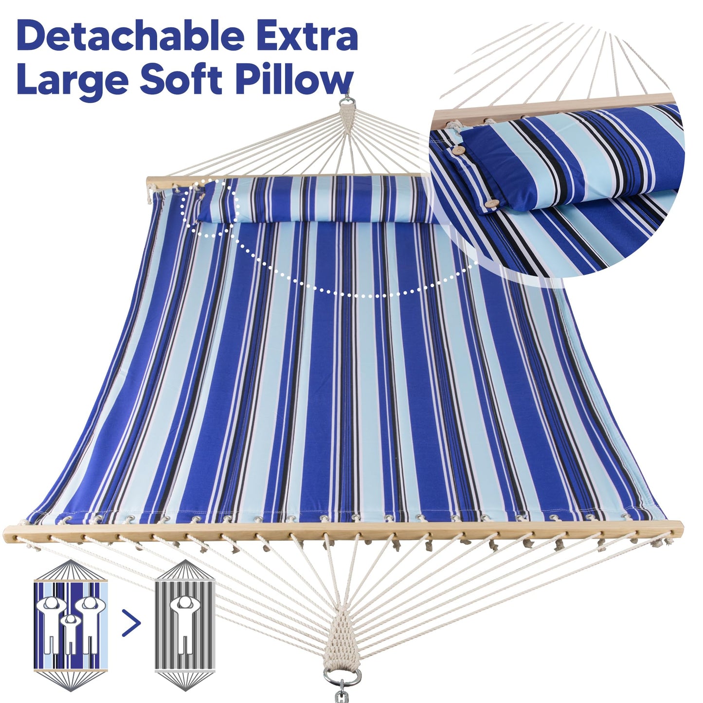 SUNCREAT Hammocks Quilted Fabric Hammock, Double Hammock with Spreader Bar, Soft Pillow, Max 475lbs Capacity, Blue Stripes