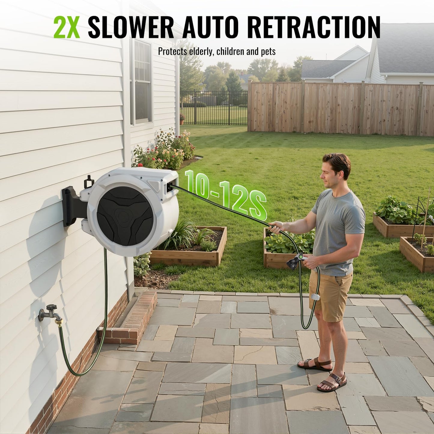 Retractable Garden Hose Reel 100ft x 1/2 in, Wall Mounted Garden Hose Reel with Auto Rewind, 180° Swivel Bracket, UV Resistant Water Hose Reel with 10 Spray Nozzle, Heavy Duty for Outside Use