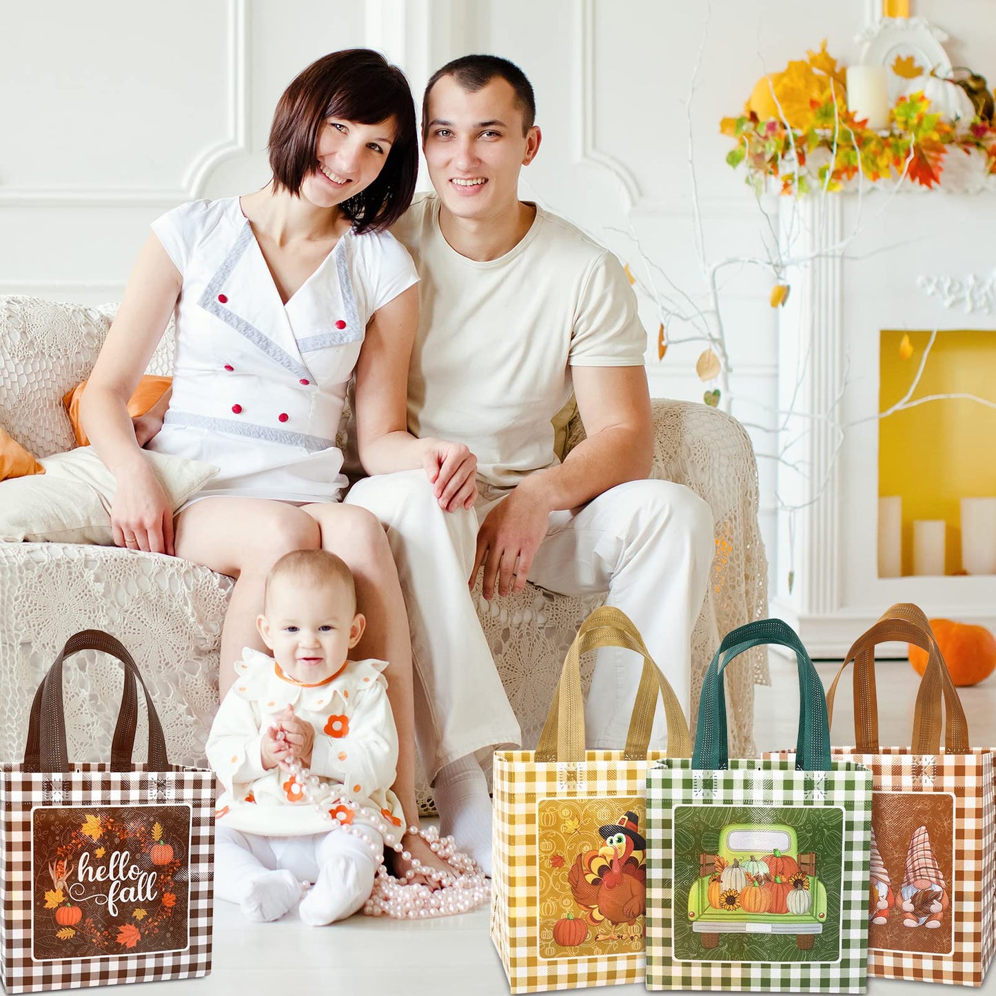 AnyDesign Fall Reusable Gift Bag Plaid Pumpkin Turkey Gnome Tote Bags with Handles Autumn Party Treat Bag Grocery Shopping Bags for Thanksgiving Patch Party, 8 Pack