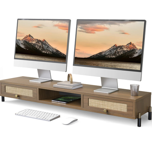 Fenge Dual Monitor Stand for Desk - Long Wooden Riser With Rattan Woven Drawer, 2 Tier Desk Shelf for 2 Monitors, Vintage Computer Stand for Laptop, Printer, TV