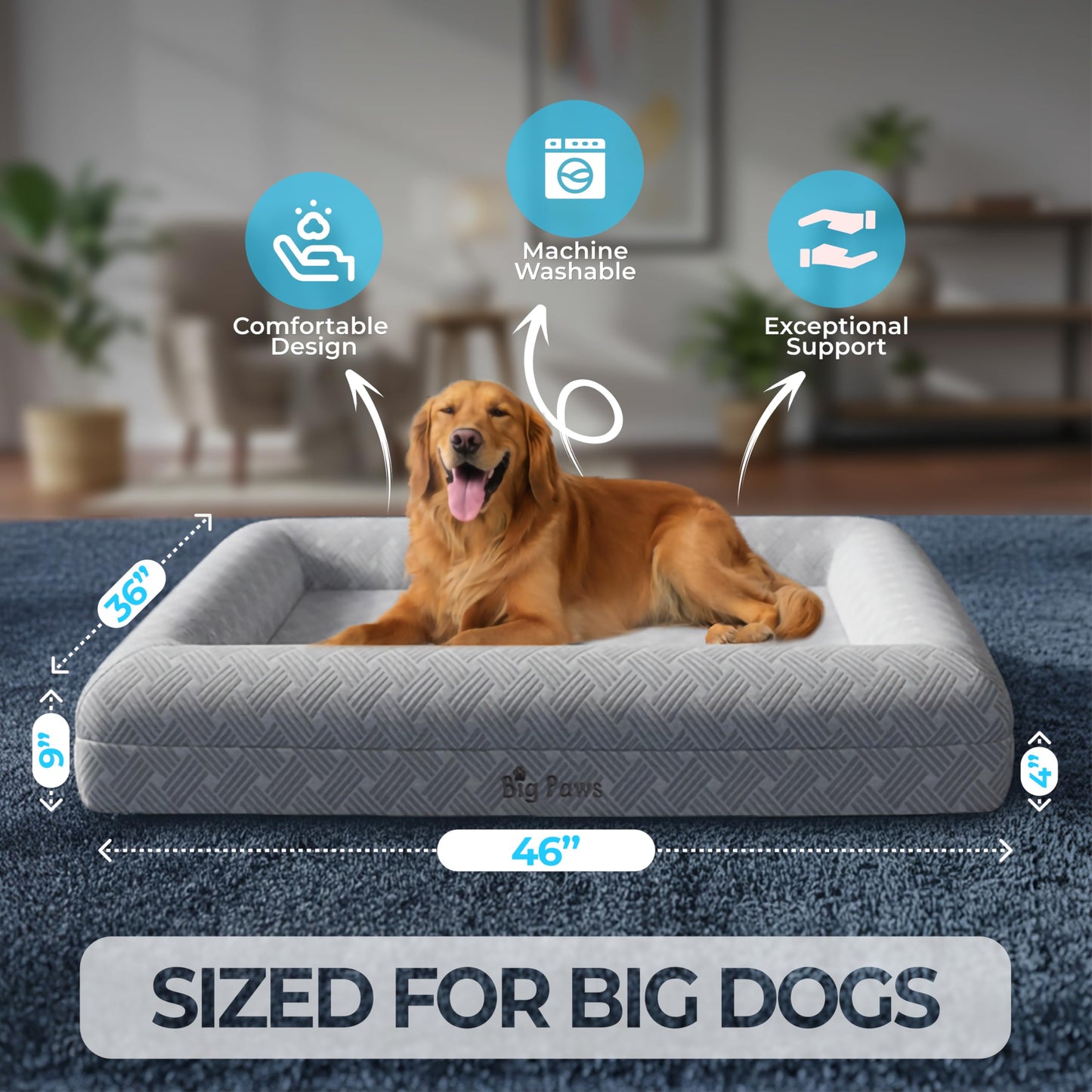 Big Paws Cooling Orthopedic Dog Bed for XL & Senior Dogs + Enclosed Support, High-Density Memory Foam, Waterproof Liners, Washable Cover